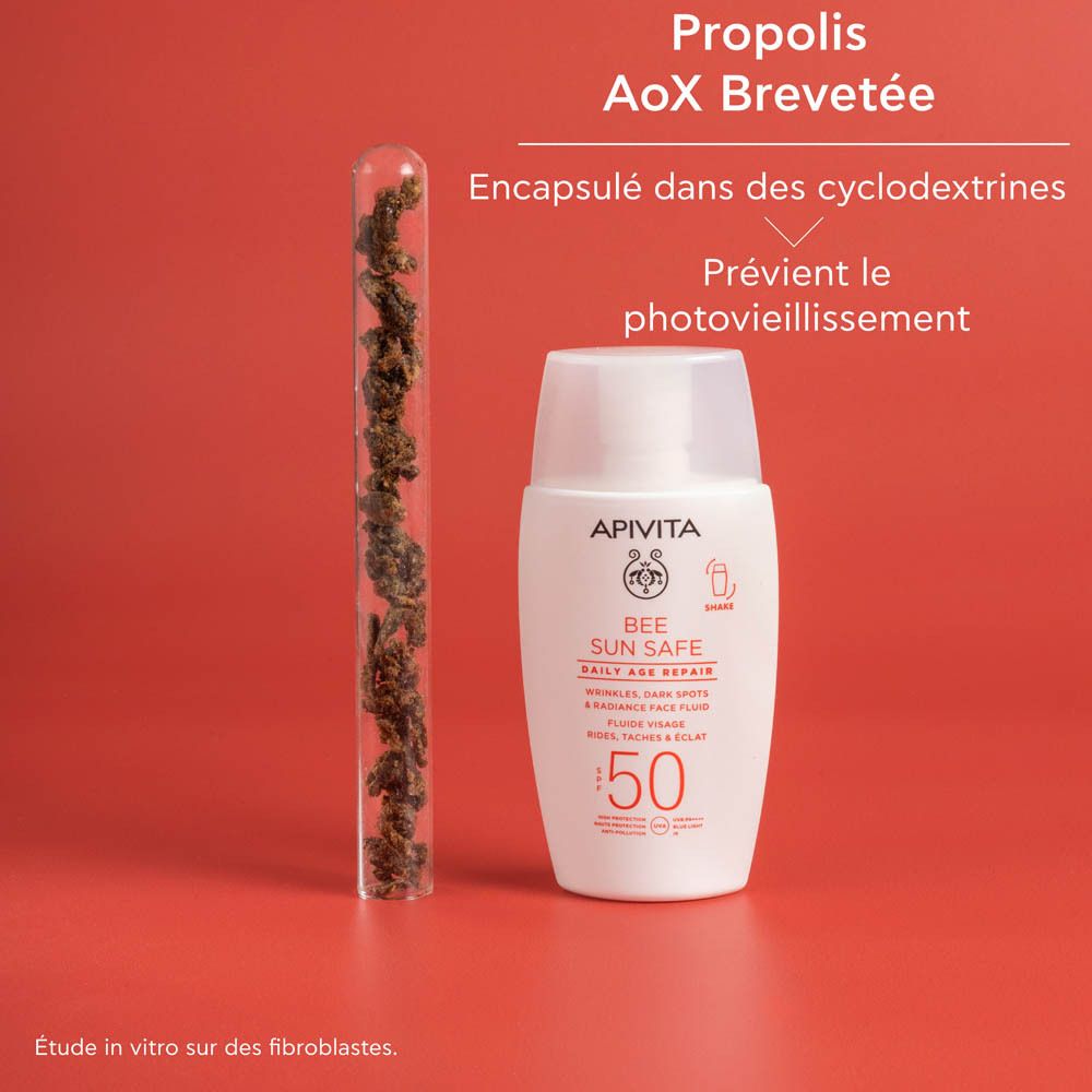 Emballage produit. Marque: Apivita Bee Sun Safe. SPF 50. Boîte blanche avec texte.