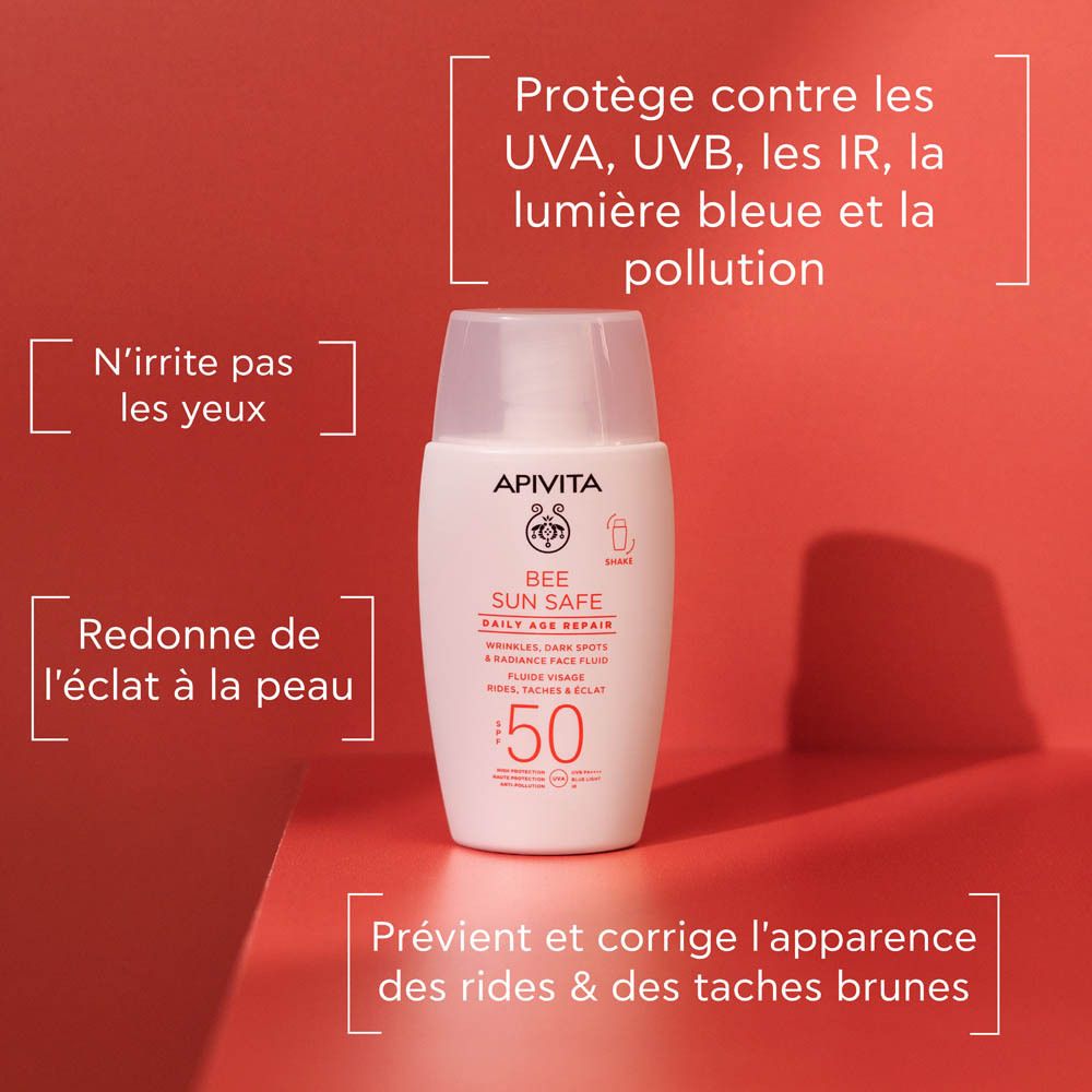 Emballage produit. Marque: Apivita Bee Sun Safe. SPF 50. Boîte blanche avec texte.