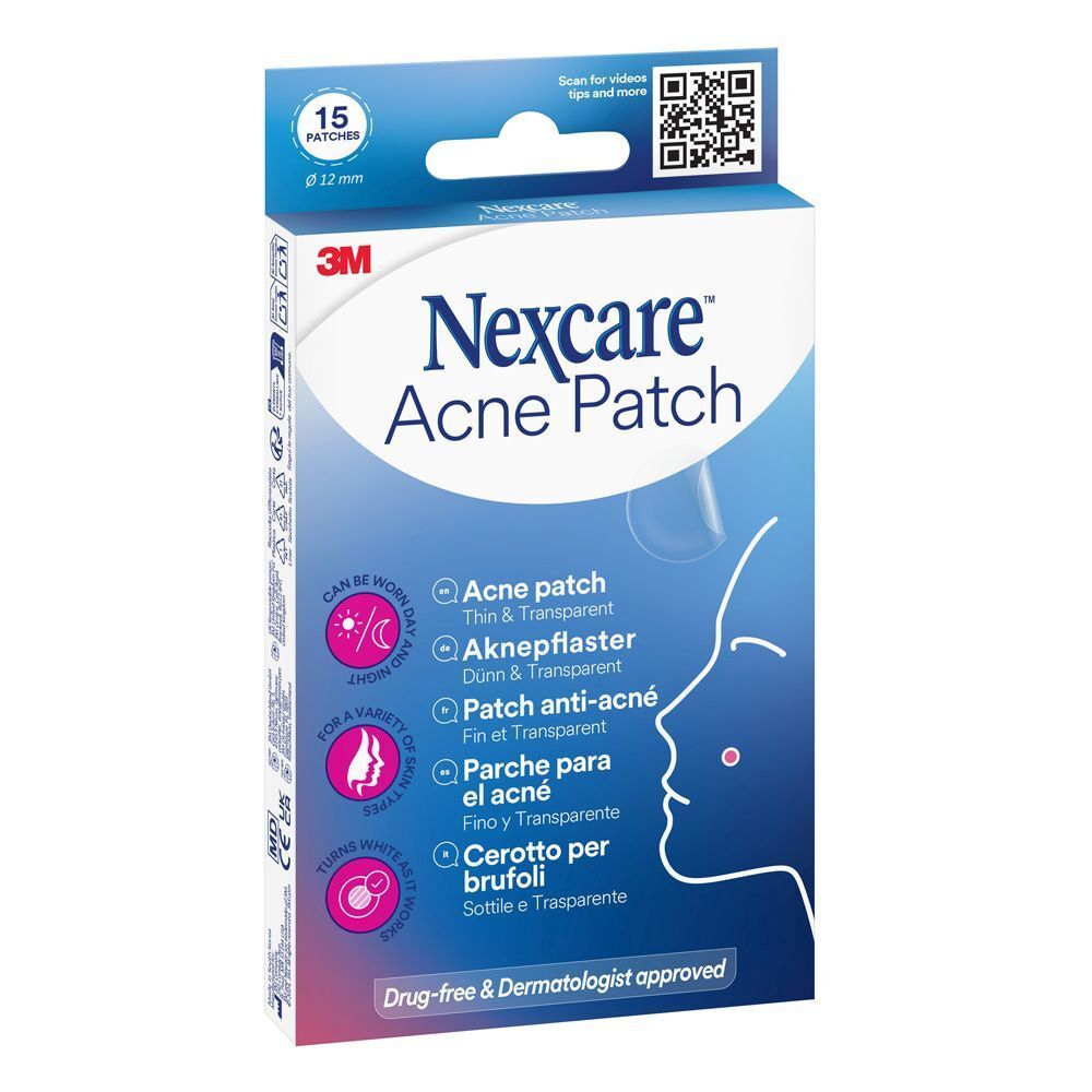Boîte de Nexcare Acne Patch. 15 patchs, 12 mm de diamètre. Inscription: Acne Patch, fin & transparent.
