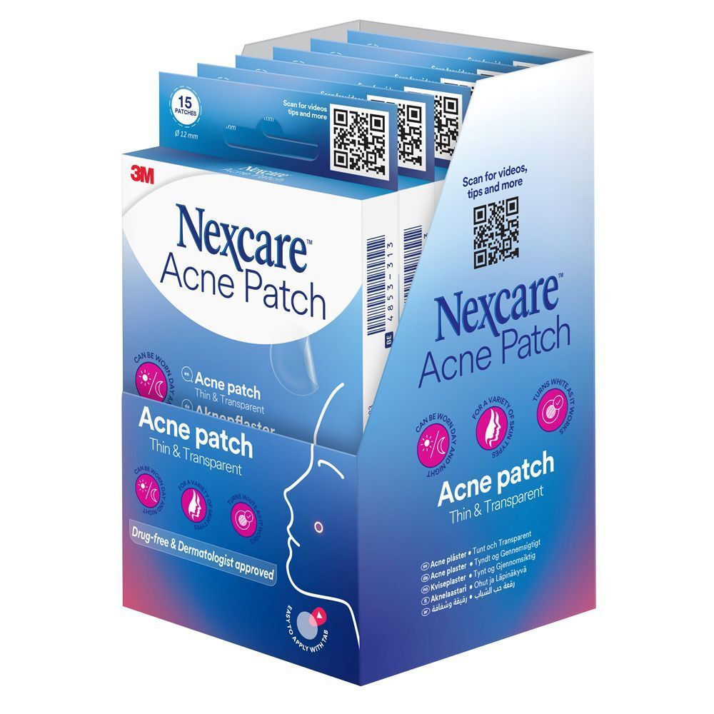 Boîte de Nexcare Acne Patch. 15 patchs, 12 mm de diamètre. Inscription: Acne Patch, fin & transparent.