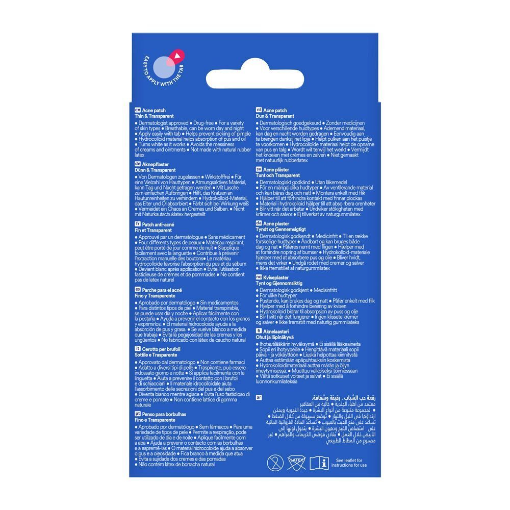 Boîte de Nexcare Acne Patch. 15 patchs, 12 mm de diamètre. Inscription: Acne Patch, fin & transparent.