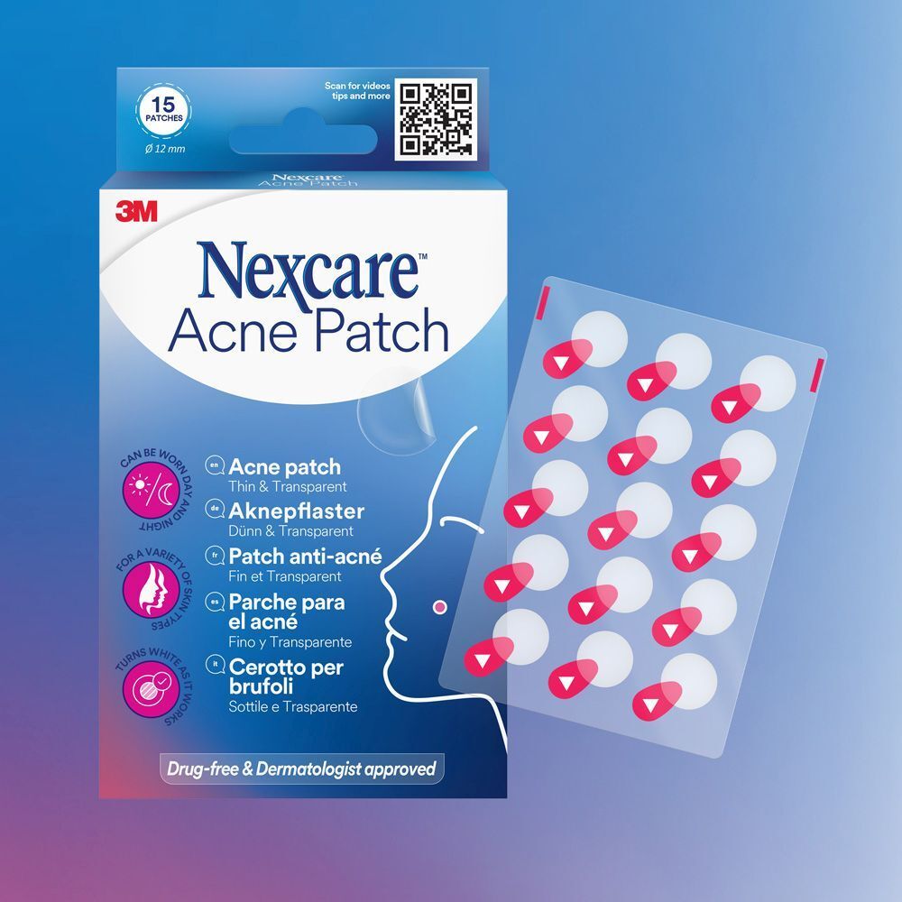 Boîte de Nexcare Acne Patch. 15 patchs, 12 mm de diamètre. Inscription: Acne Patch, fin & transparent.