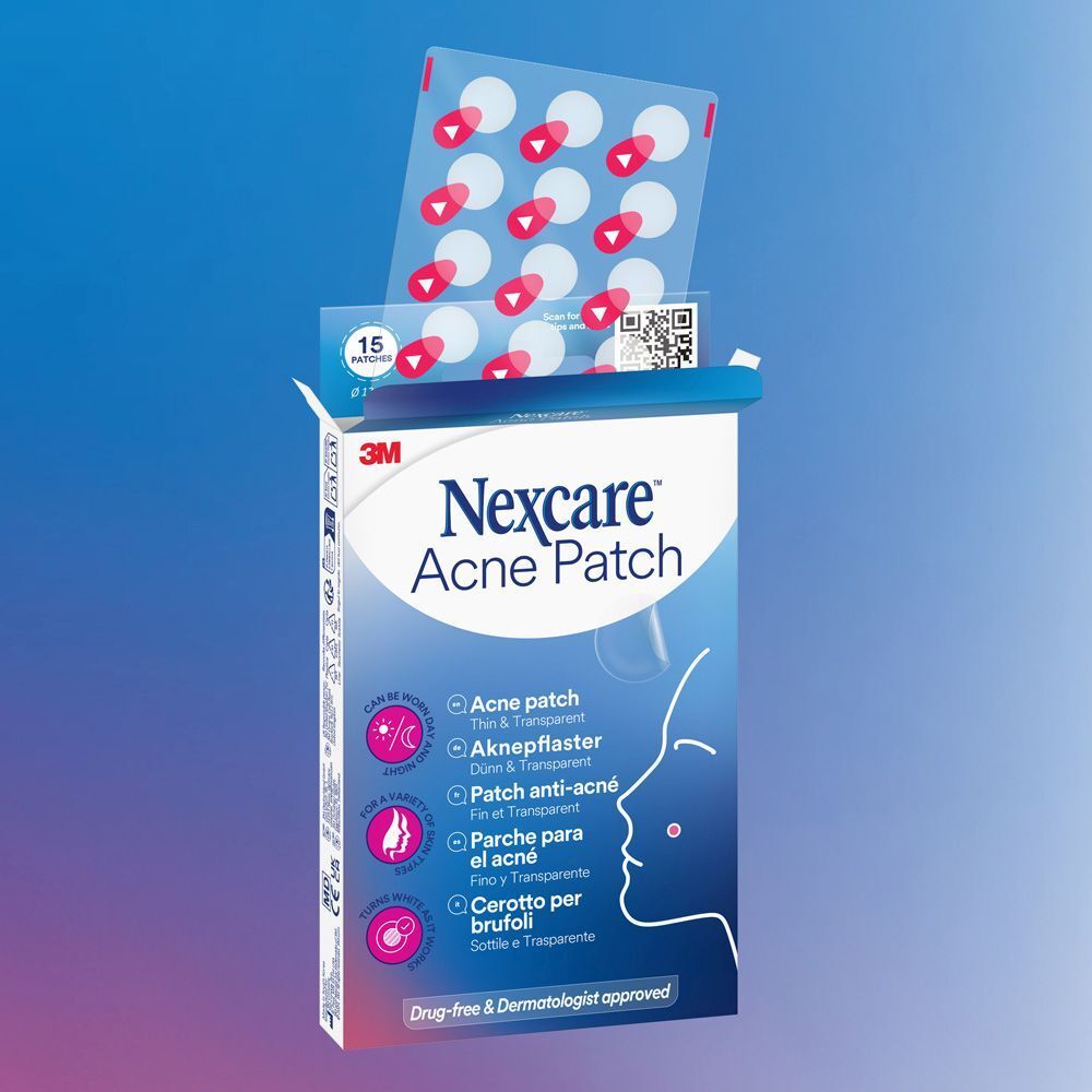 Boîte de Nexcare Acne Patch. 15 patchs, 12 mm de diamètre. Inscription: Acne Patch, fin & transparent.