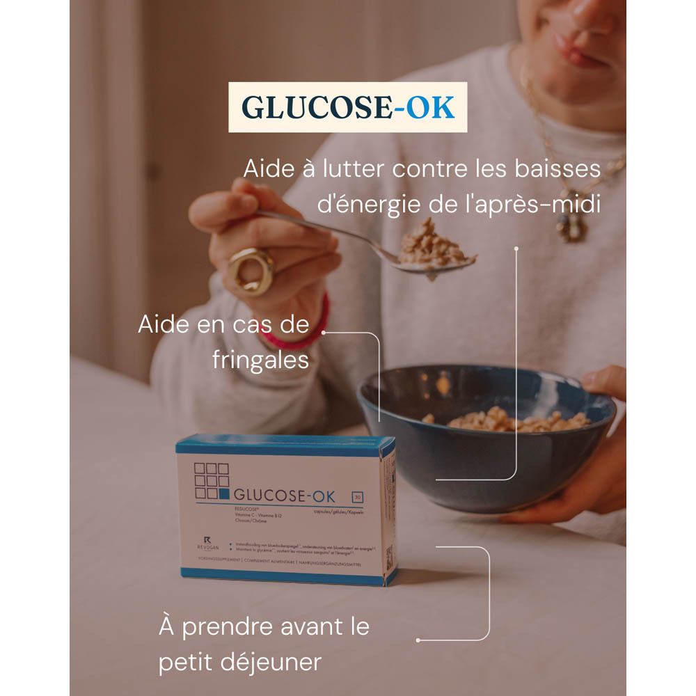 Graphique avec "GLUCOSE-OK" et texte. Contient ingrédients et avantages.