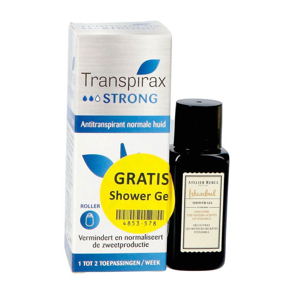 Roll-on antitranspirant et flacon de gel douche. Emballage avec nom et autocollant 'GRATIS Shower Gel'.