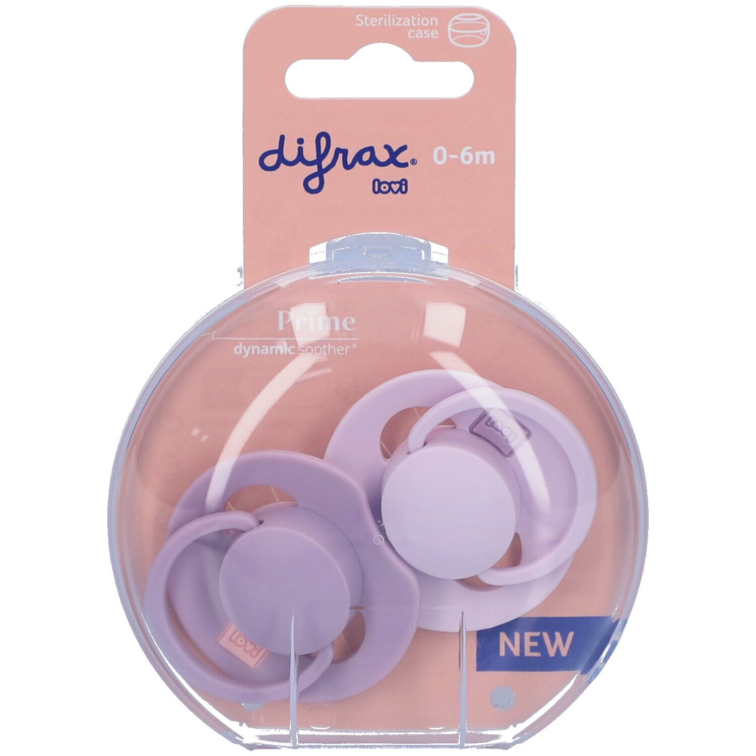 Deux sucettes lilas dans un emballage rond. Inscription : difrax, 0-6m, Prime dynamic pacifier. Avec étui de stérilisation.