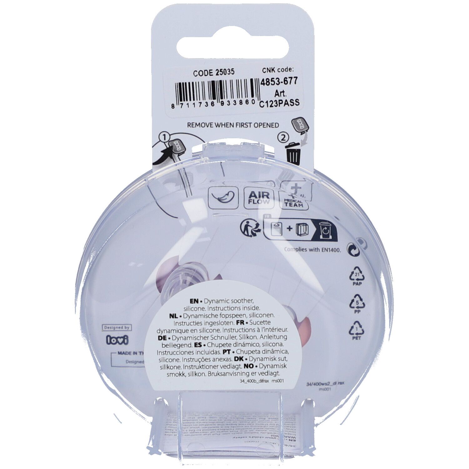 Dos de l'emballage rond avec informations et pictogrammes. Contient une sucette dynamique.