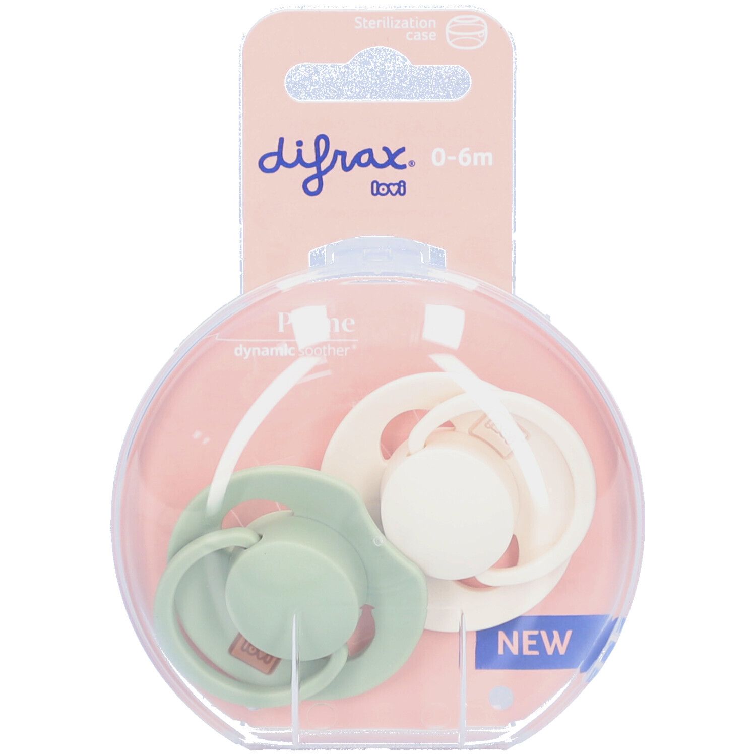 Deux sucettes dans un étui transparent. Une verte et une crème. Emballage avec nom de marque et indication d'âge.