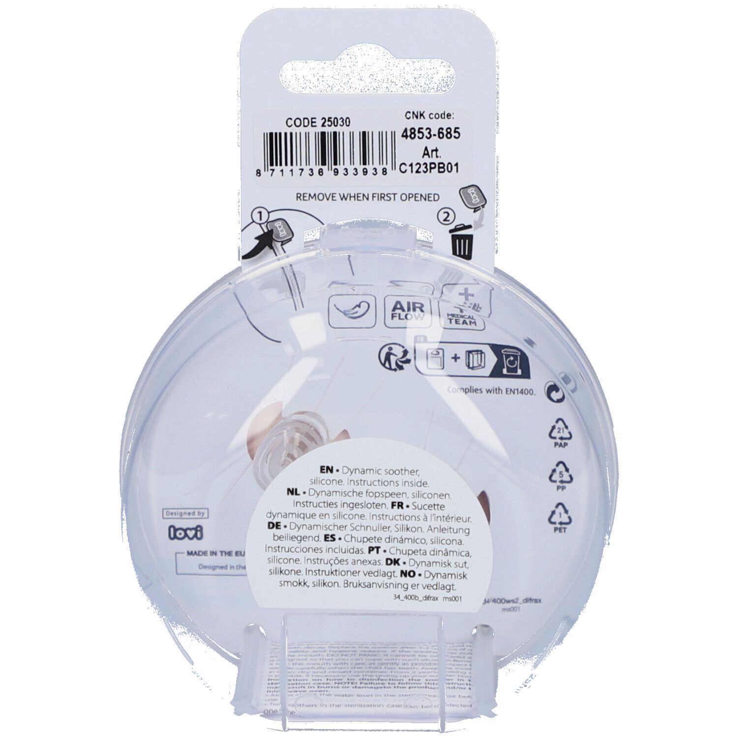 Dos de l'emballage avec informations et icônes du produit. Boîte de rangement ronde transparente avec sucette.