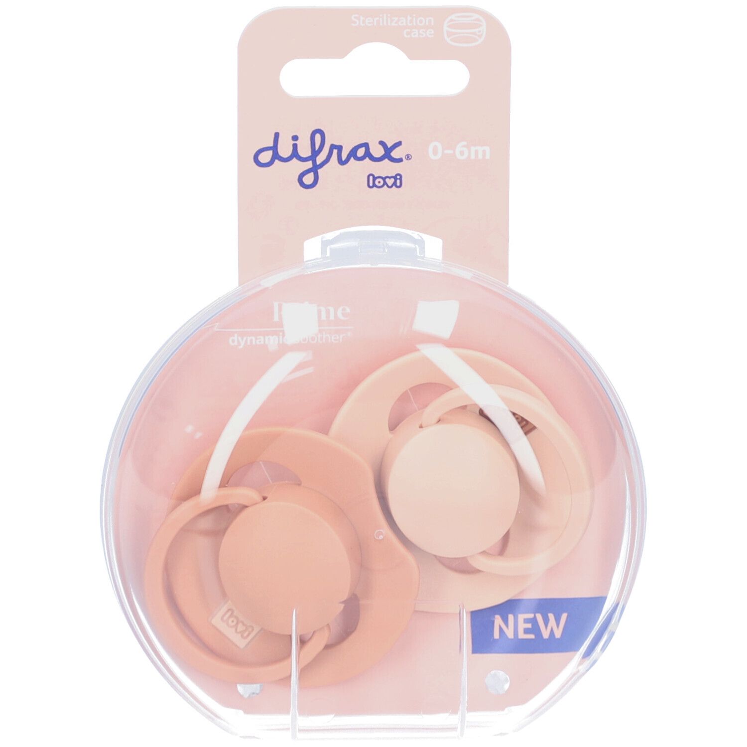 Deux sucettes roses dans un emballage. Marque: Difrax. Âge: 0-6 mois. Avec boîte de stérilisation.
