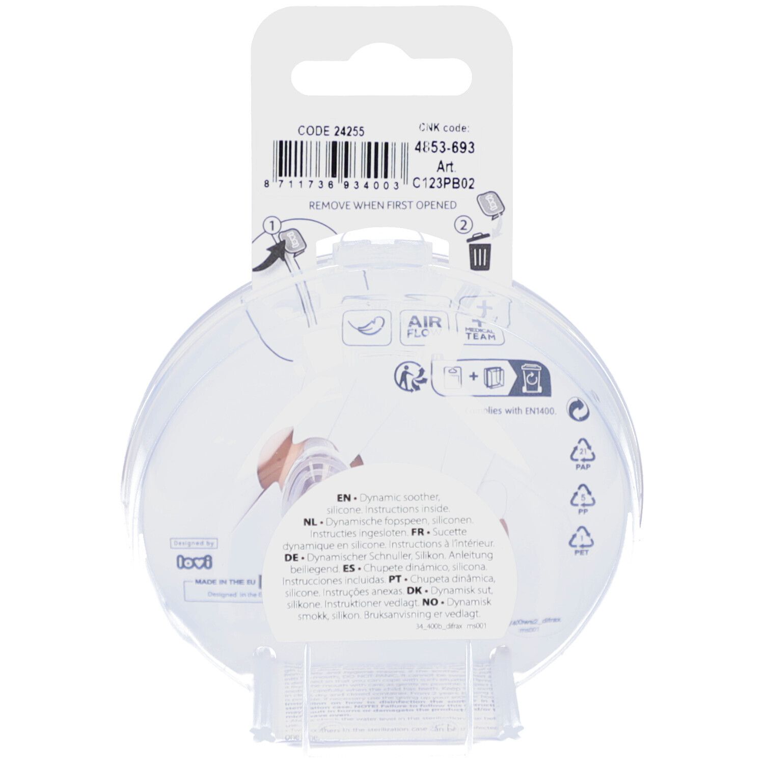 Dos de l'emballage avec informations sur le produit et code-barres. Contient des instructions.