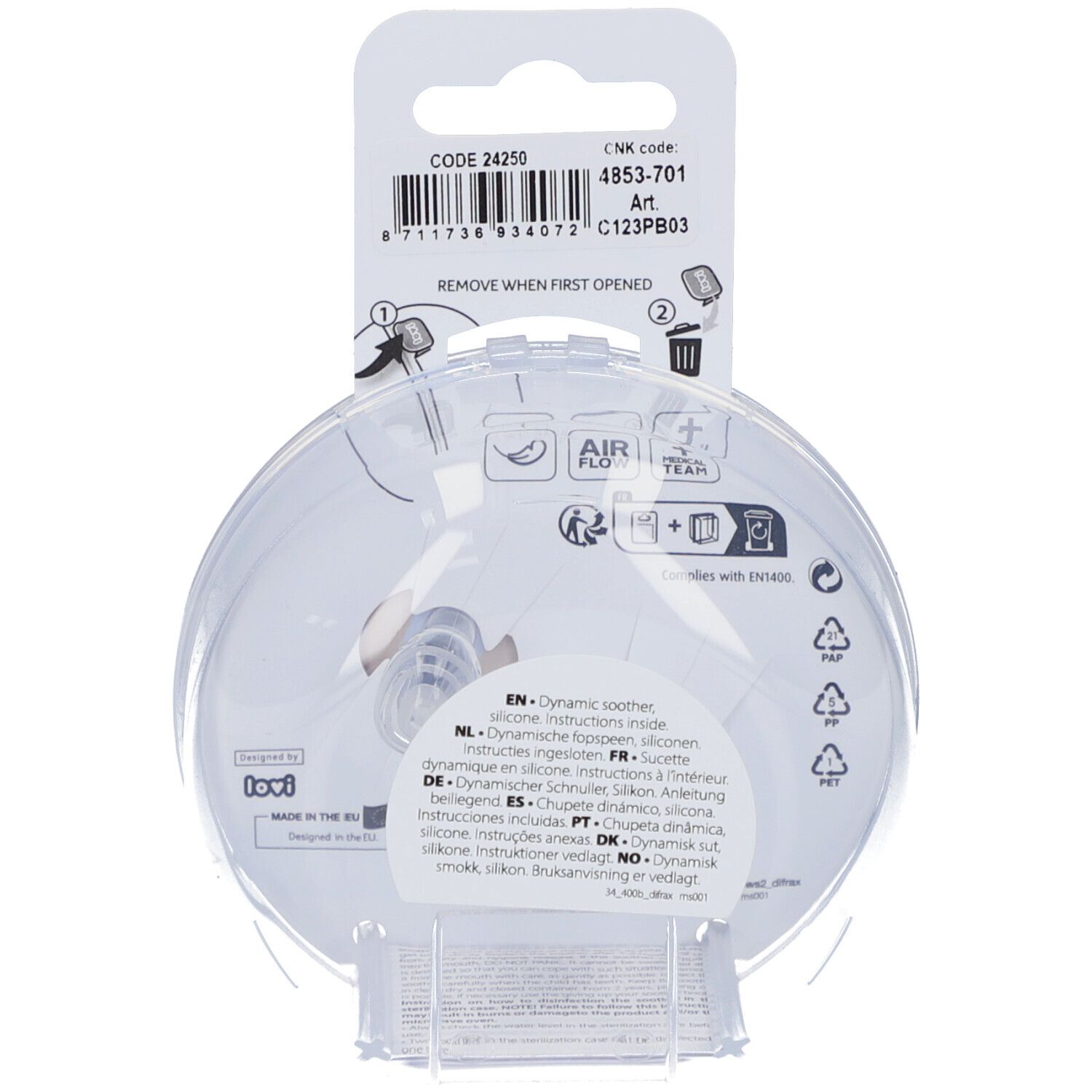 Dos de l'emballage avec informations produit et pictogrammes. Contient des instructions multilingues.