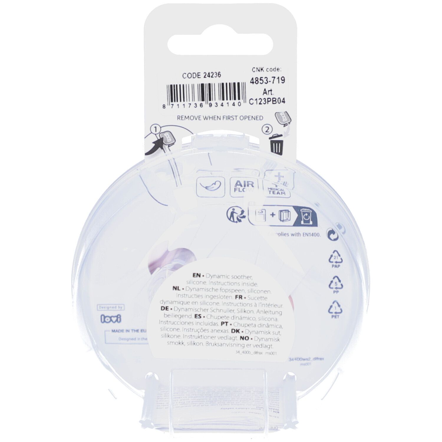 Dos de l'emballage avec informations produit et code-barres. Texte multilingue.