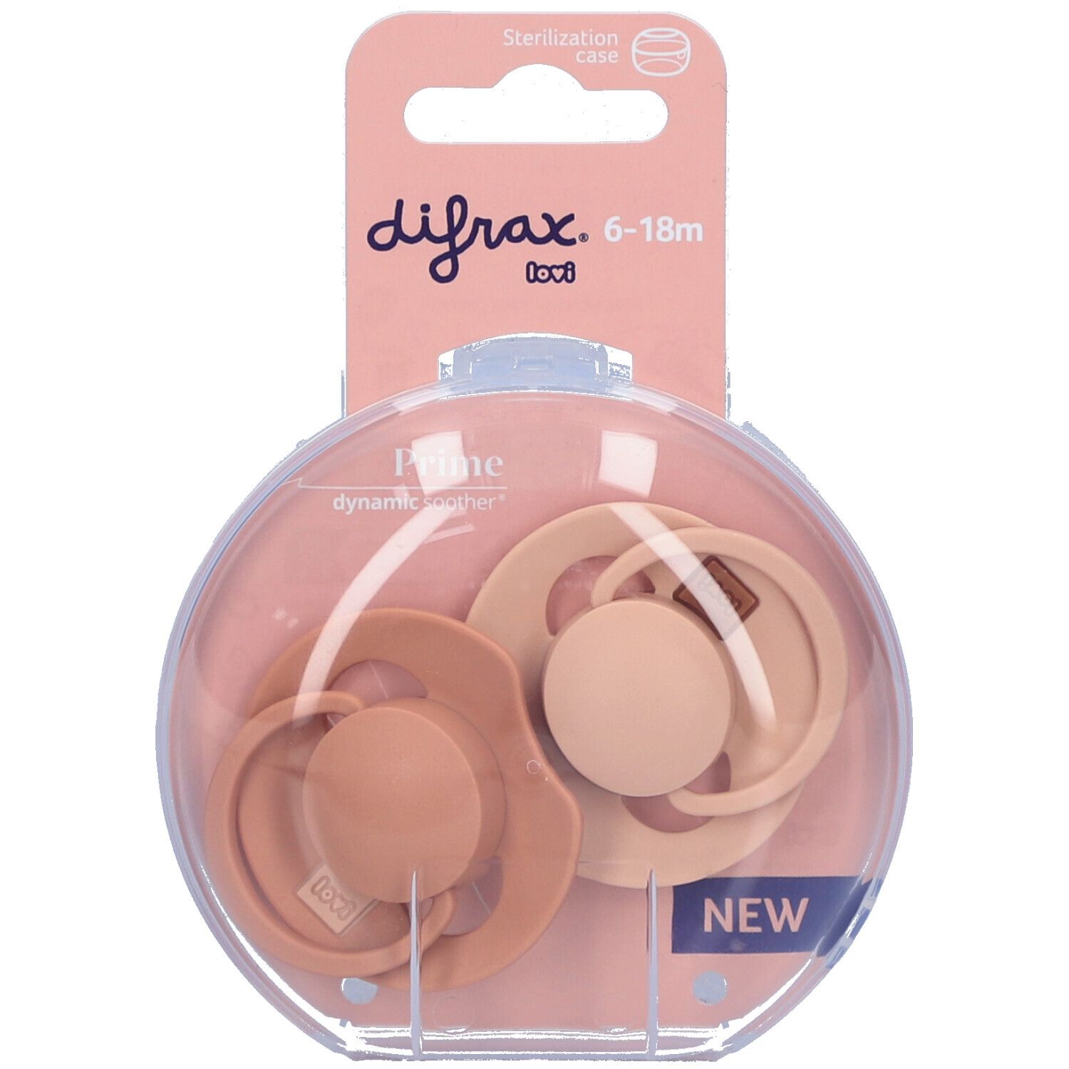 Deux sucettes dans un emballage transparent. Emballage rose avec nom du produit et indication d'âge 6-18M.