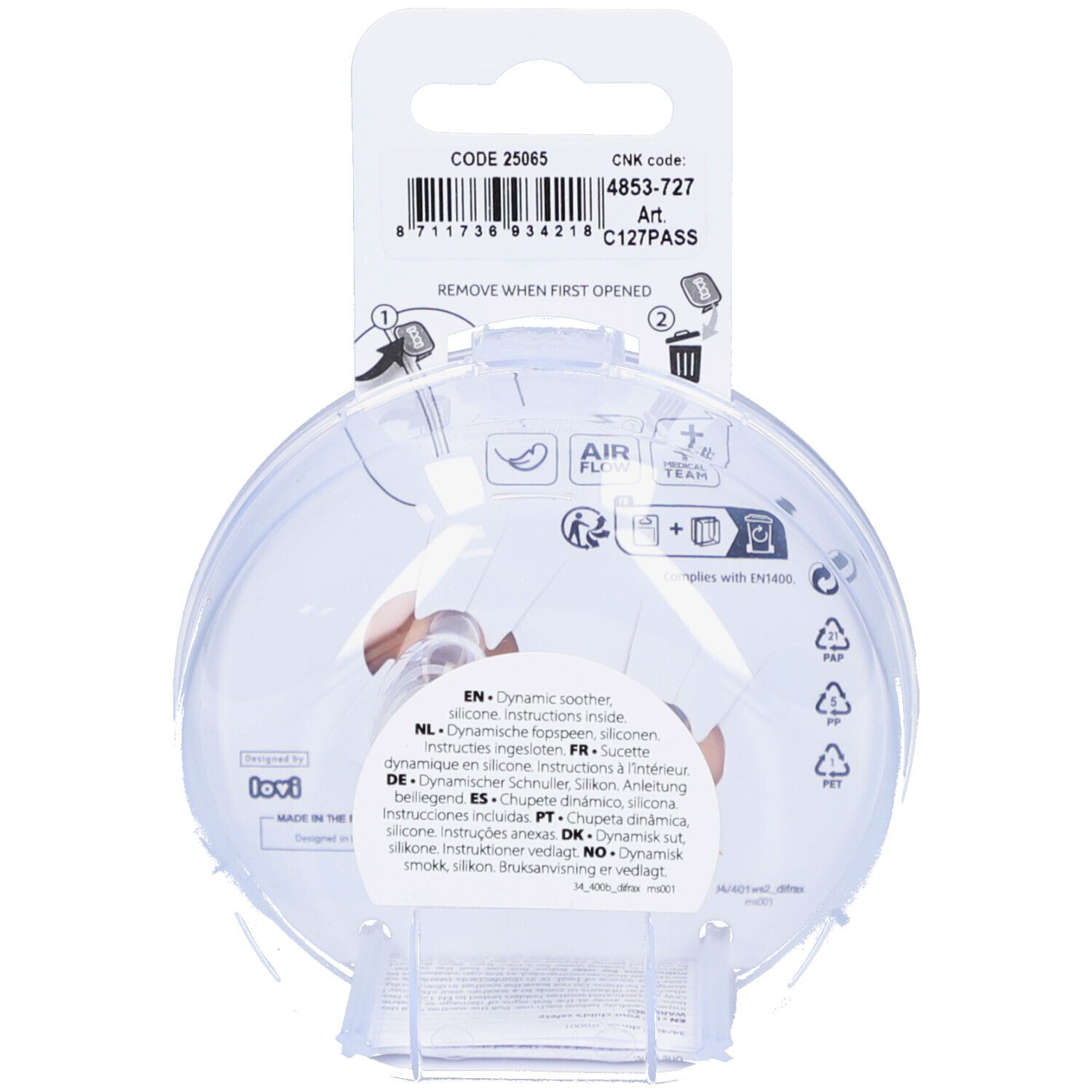 Dos de l'emballage transparent avec informations sur le produit et codes. Contient des instructions en plusieurs langues.