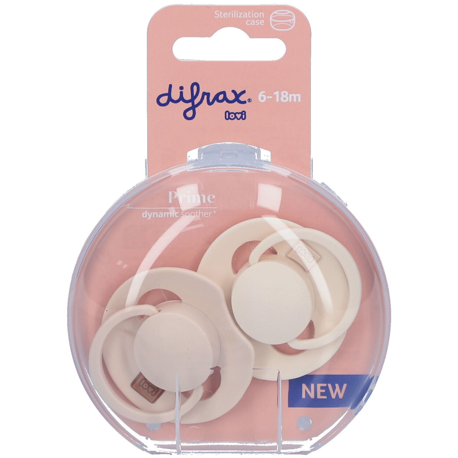 Deux sucettes dans un emballage rond transparent. Inscription 'difrax. 6-18m'. Sucettes beiges avec tétine blanche.