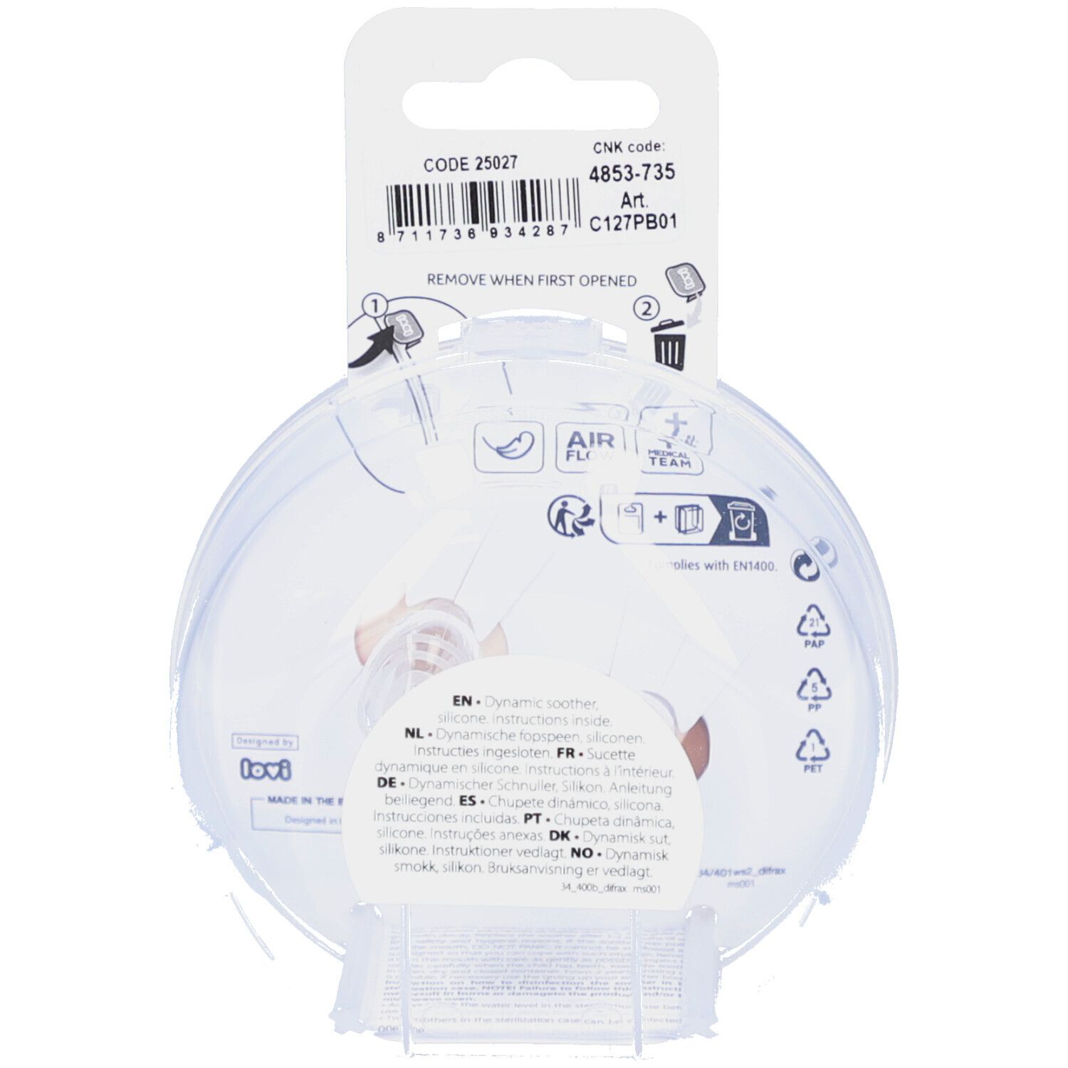 Dos de l'emballage avec informations produit. Emballage rond transparent avec sucettes. Texte multilingue.