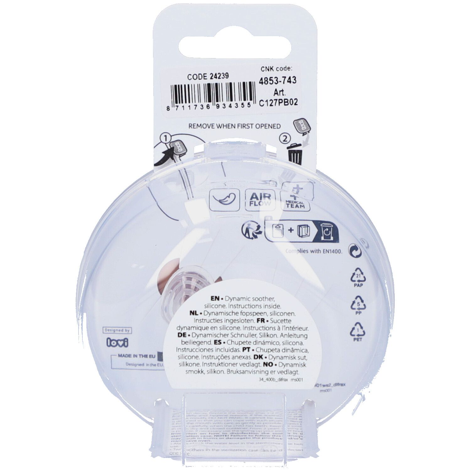 Dos de l'emballage avec informations produit et pictogrammes. Contient des instructions multilingues.