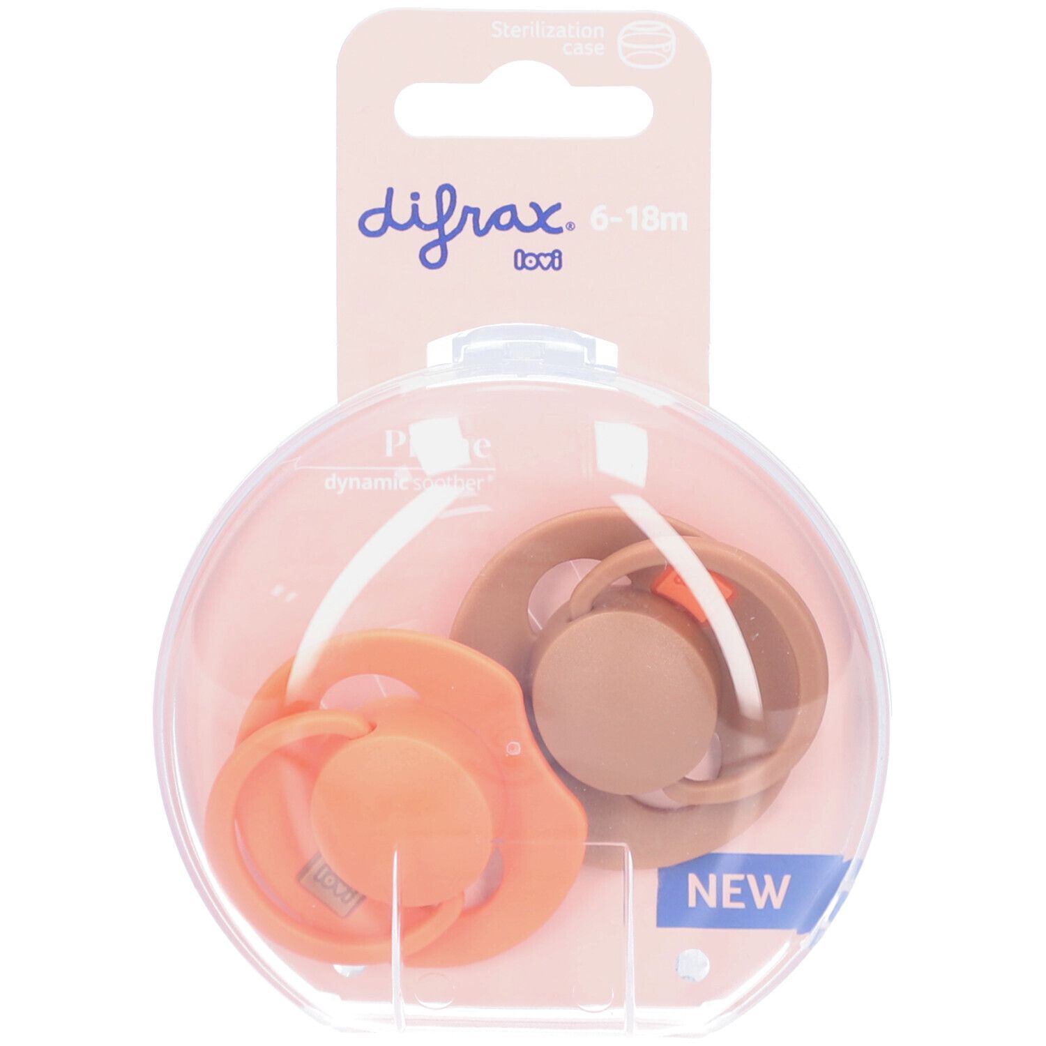 Deux sucettes dans un emballage rond transparent. Le mot "difrax" et "6-18m" sont visibles sur l'emballage.