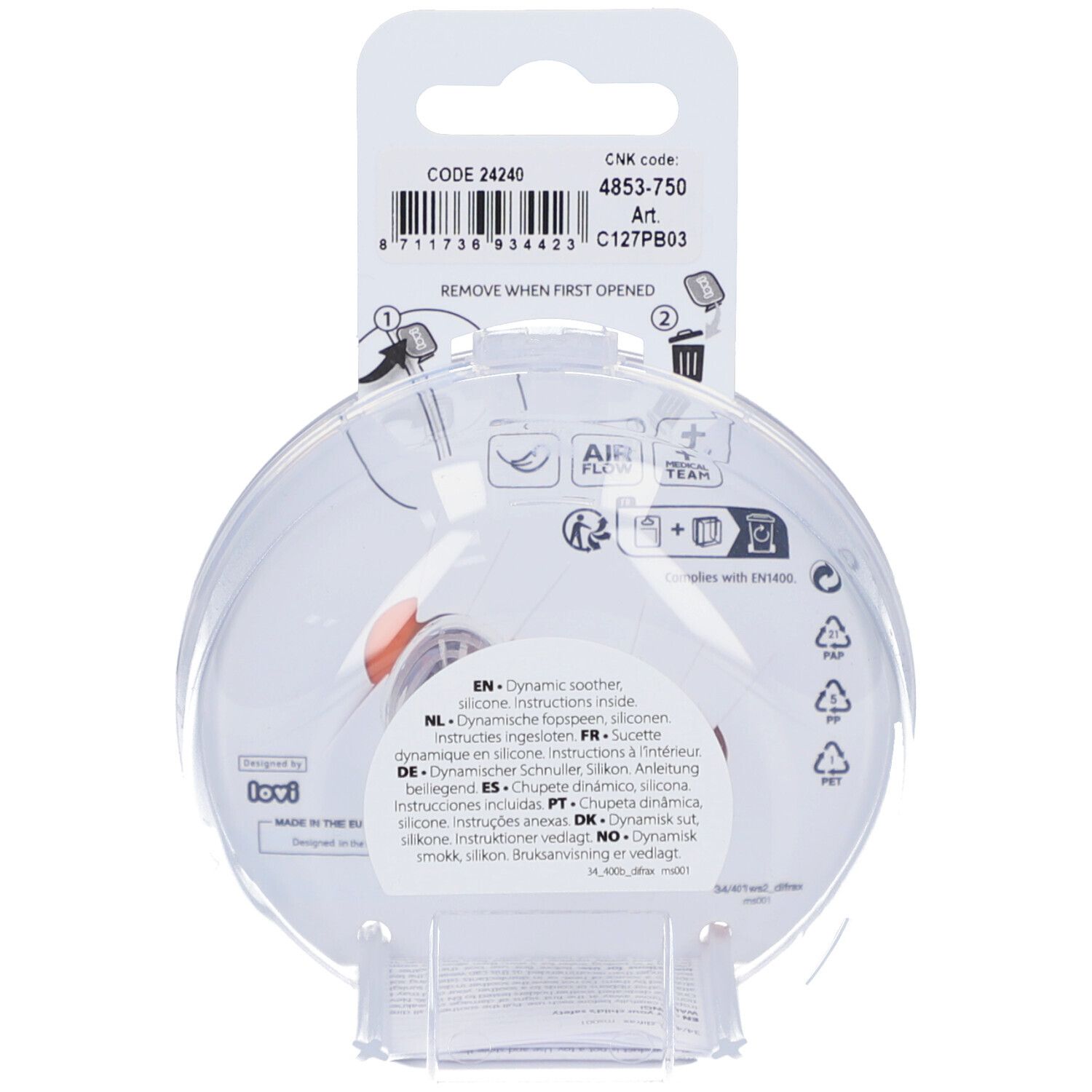 Dos de l'emballage rond transparent avec informations produit et logos.