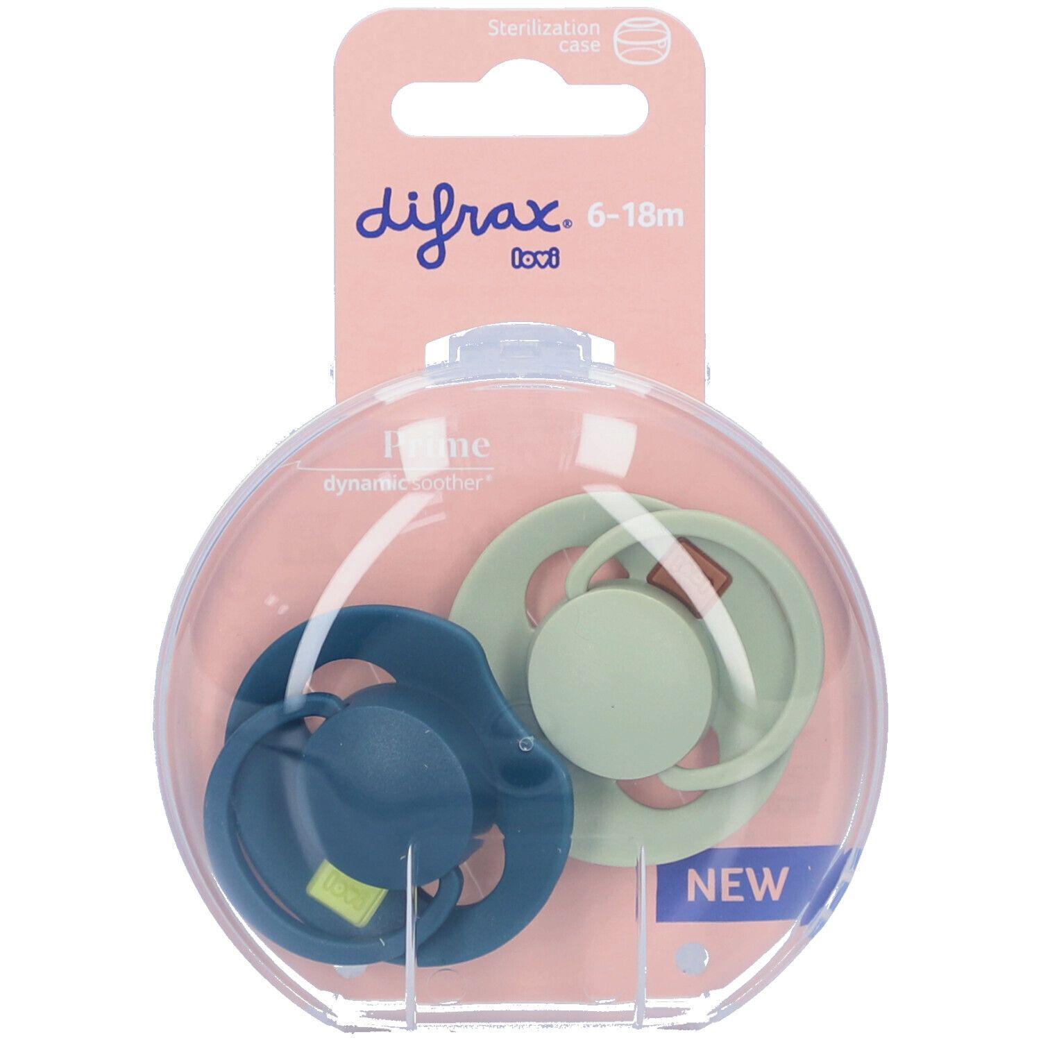 Deux sucettes dans un emballage rond transparent. Une bleue et une verte. Emballage avec logo de la marque et indication d'âge.