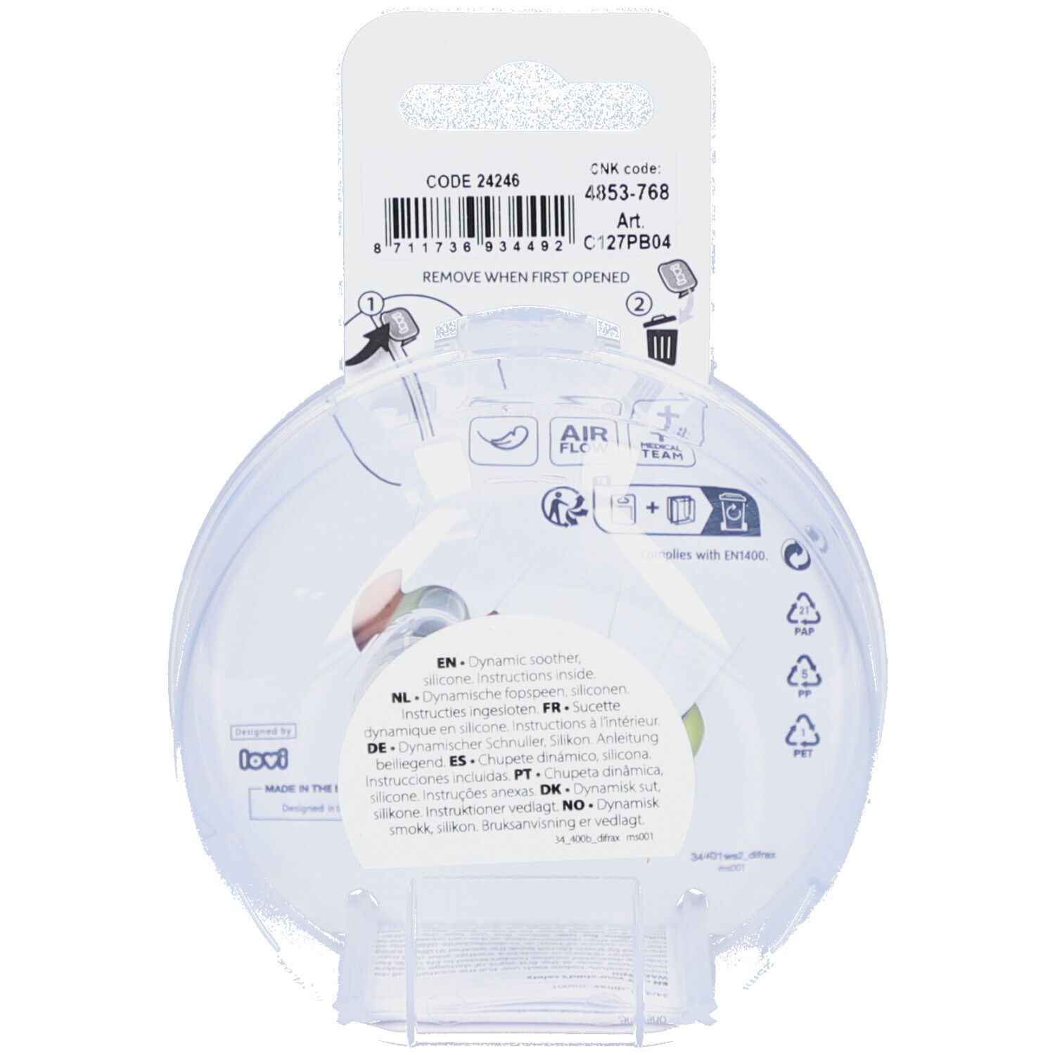 Dos de l'emballage avec informations sur le produit et code-barres. Instructions multilingues et pictogrammes. Emballage rond transparent.