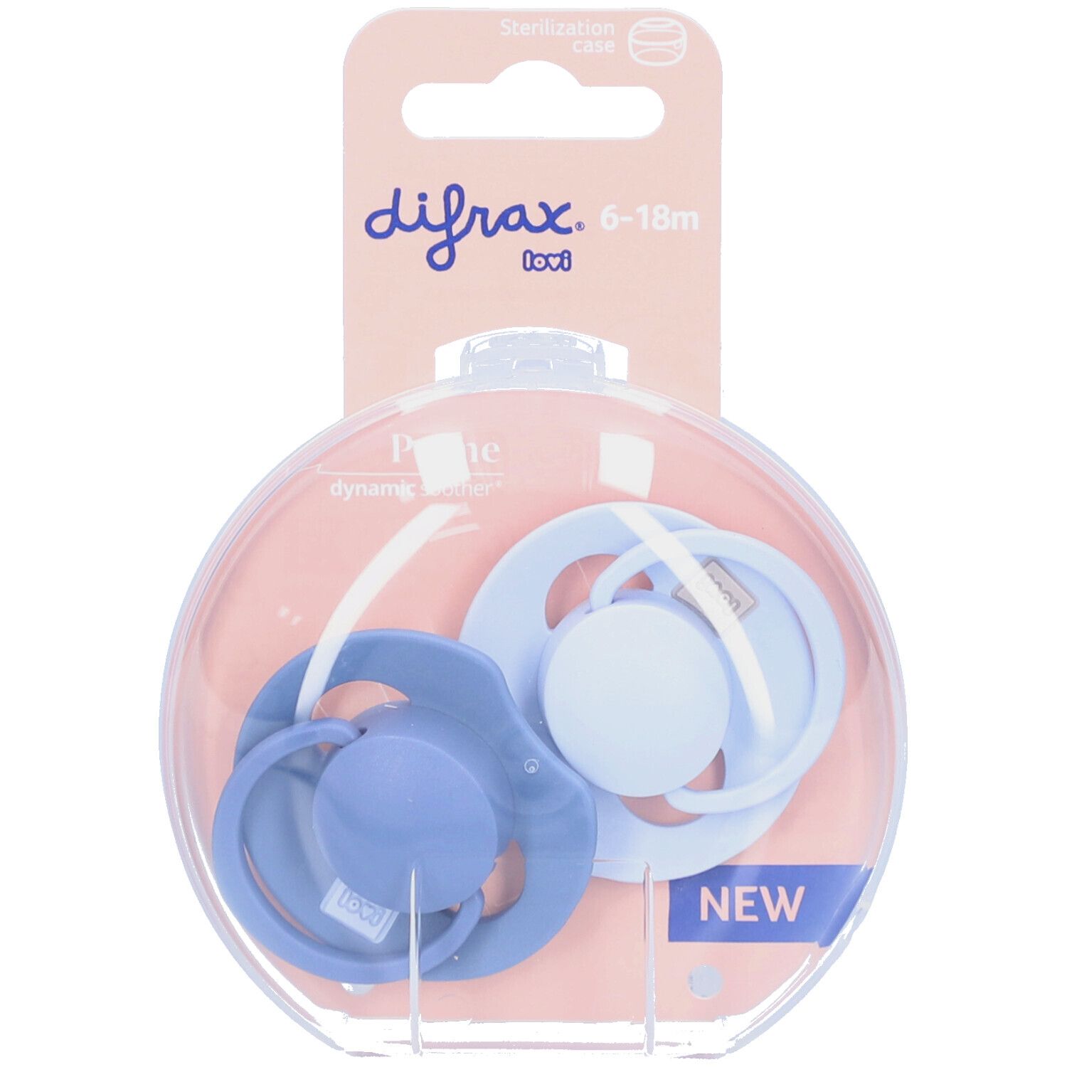 Deux sucettes bleues dans un emballage rond. Visible: marque Difrax, taille 6-18m, autocollant 'NEW'.