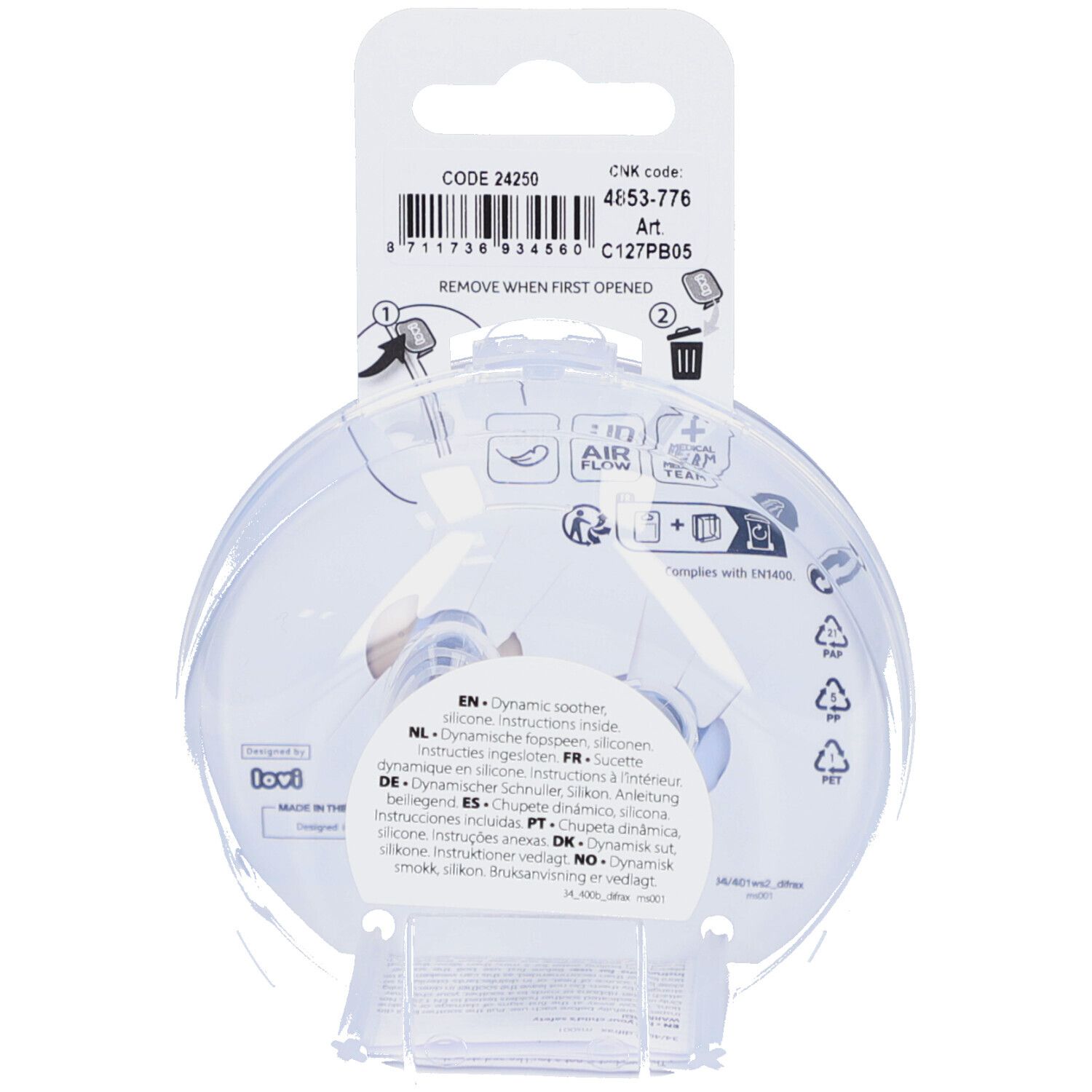 Dos de l'emballage avec informations produit. Visible: code, réf., pictogrammes, texte multilingue.