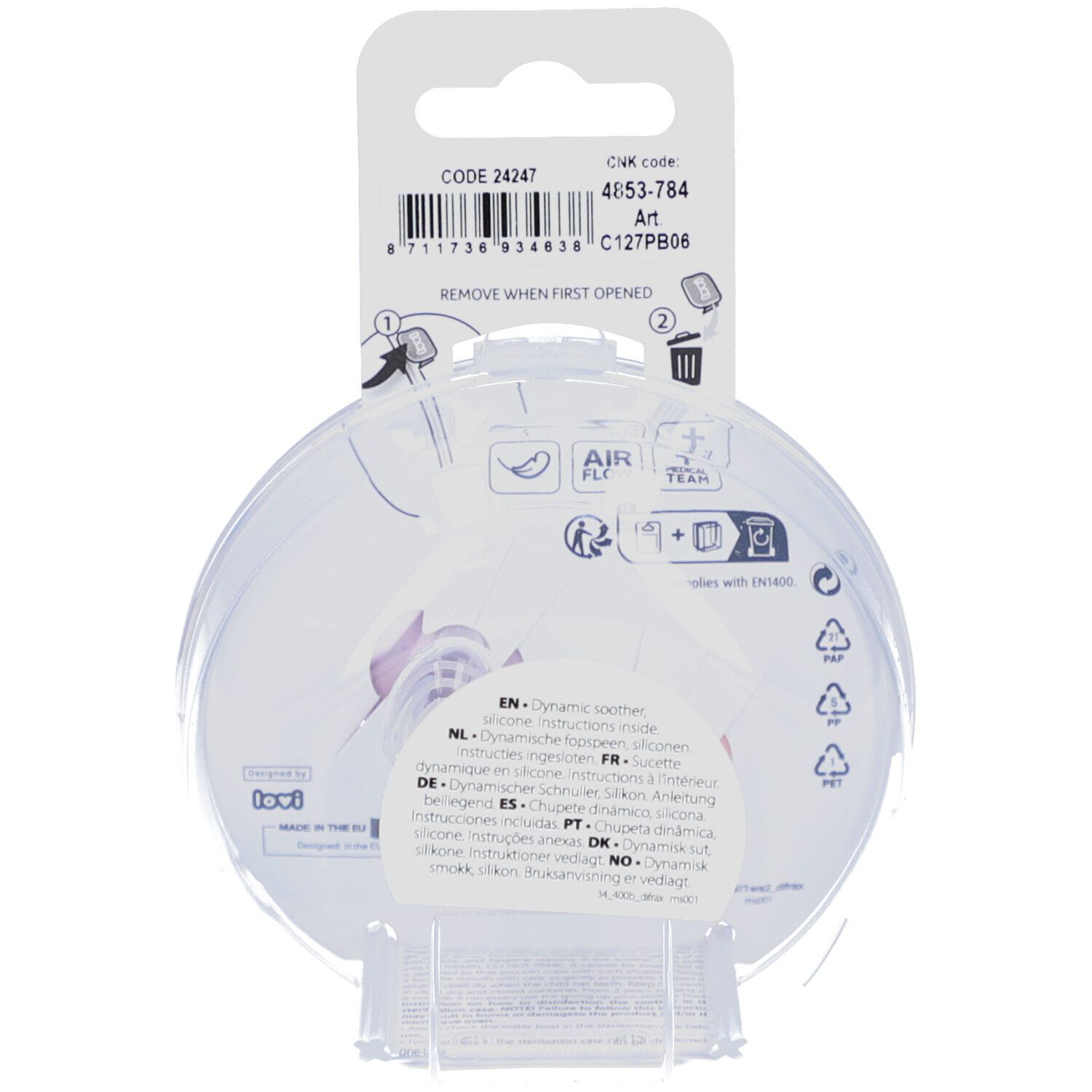 Dos de l'emballage avec informations produit et pictogrammes. Contient du texte en plusieurs langues, dont le français.