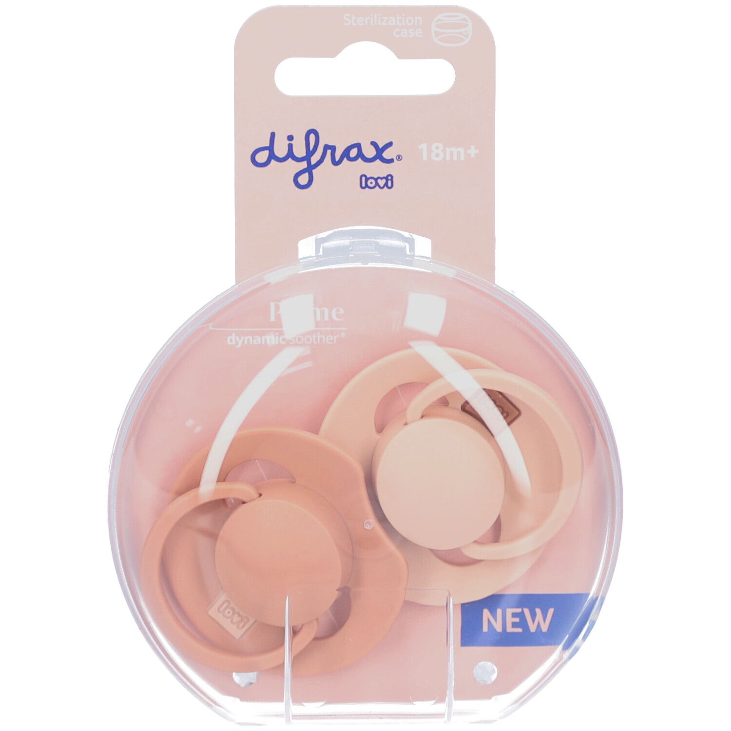 Deux sucettes dans un emballage rond transparent. Tons rose-beige. "Difrax" et "18m+" sur l'emballage.