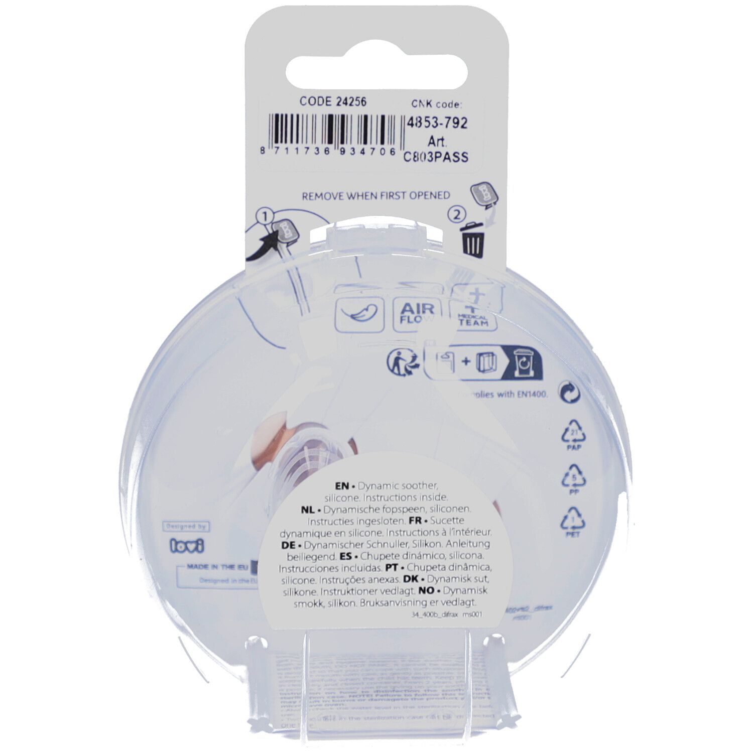Dos de l'emballage avec informations produit et code. Forme ronde transparente. "AIR FLOW" et pictogrammes.