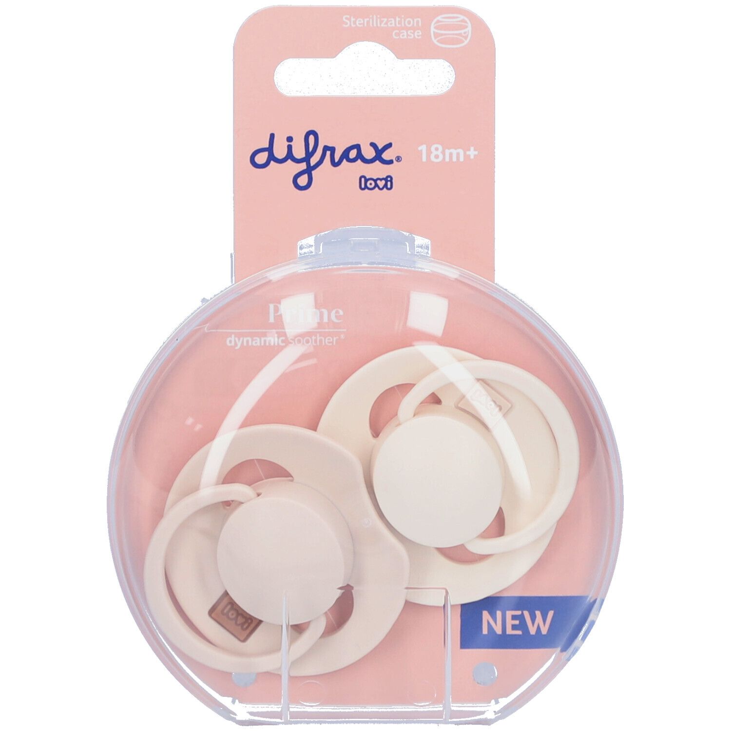 Deux sucettes dans un emballage rond. Inscription : Difrax, 18m+. Prime, Dynamic, Ivory. Avec étui de stérilisation.