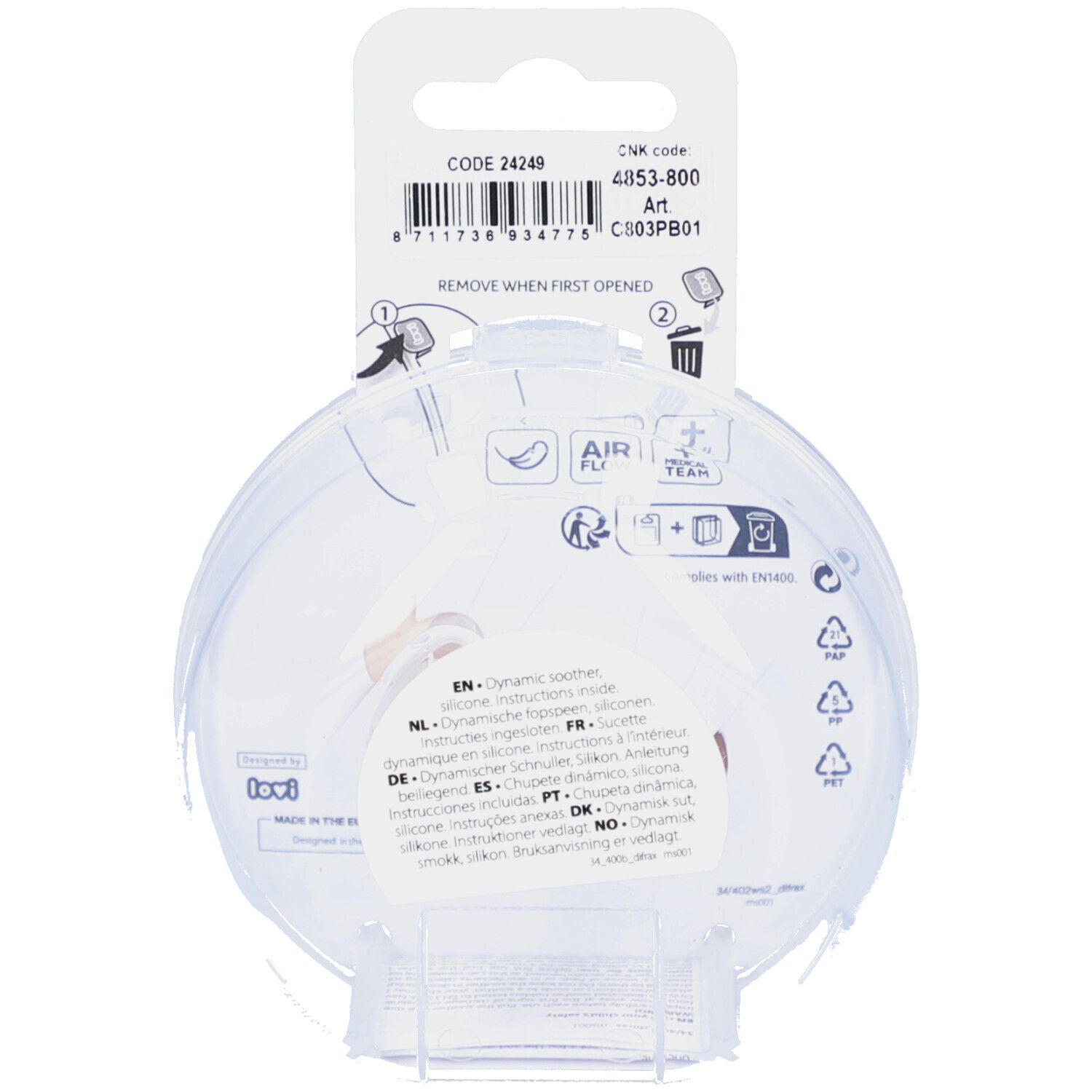 Dos de l'emballage avec informations sur le produit. Code, numéro d'article, code-barres. Instructions d'utilisation et de stérilisation.