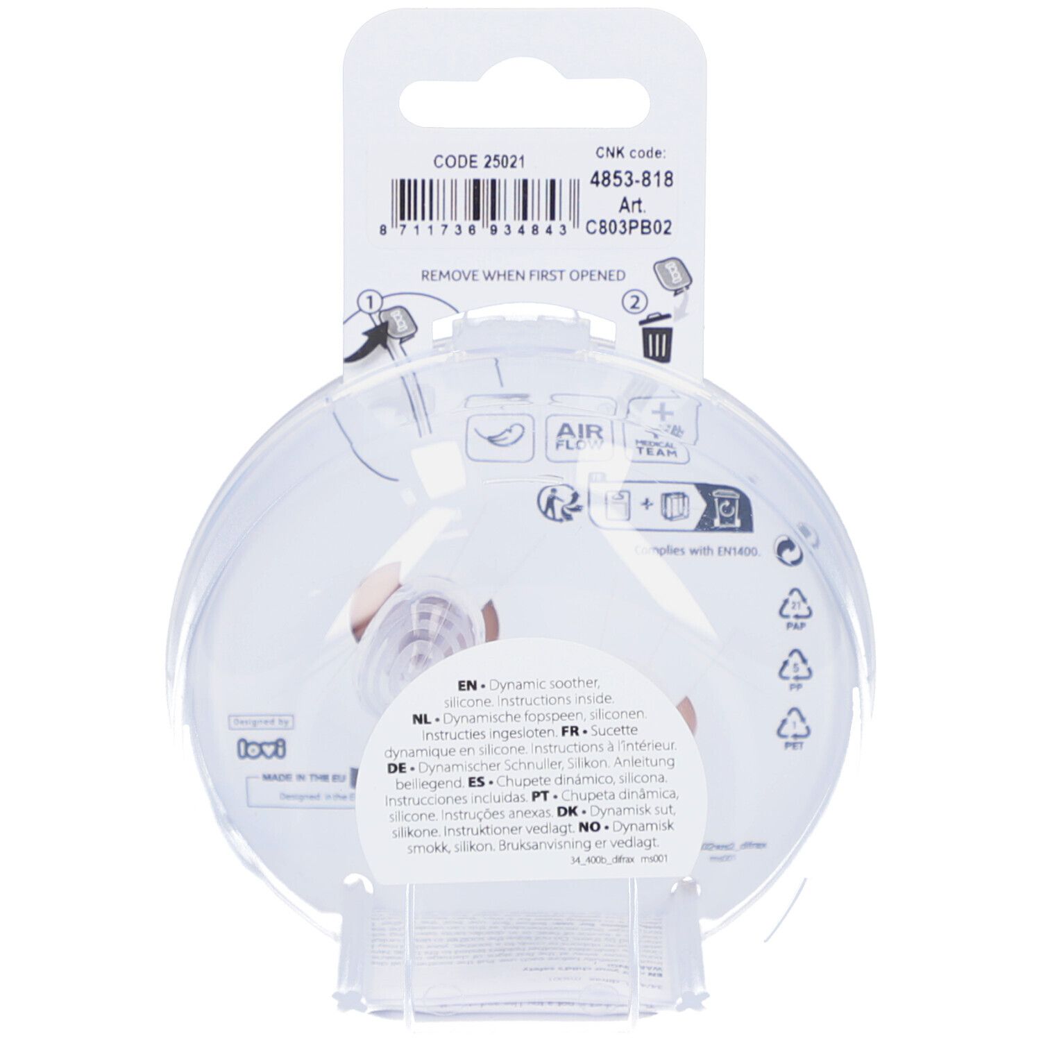 Dos de l'emballage avec informations produit. Texte multilingue, dont 'AIR' et 'TEAT'.