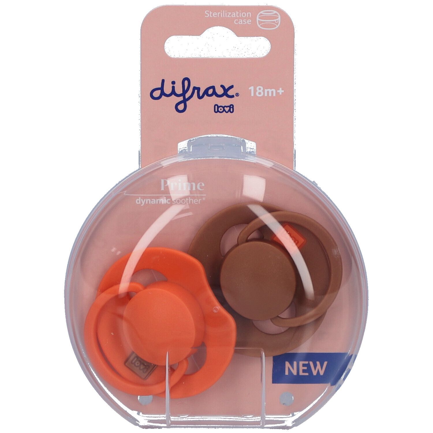 Deux sucettes dans un emballage rond transparent. Sucette orange et marron. Emballage avec logo de la marque et indication d'âge.