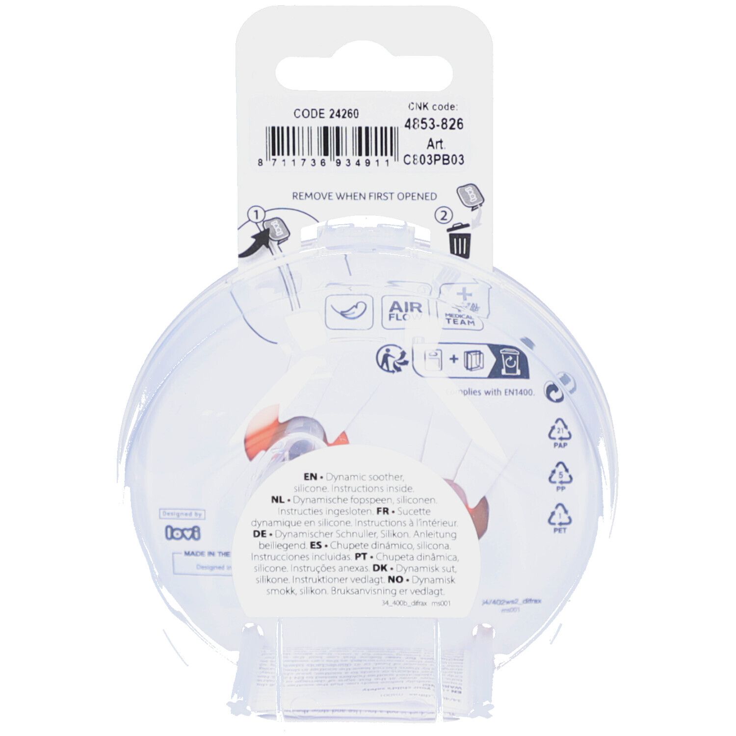 Dos de l'emballage avec informations produit et pictogrammes. Contient du texte en plusieurs langues, dont le français et le néerlandais.