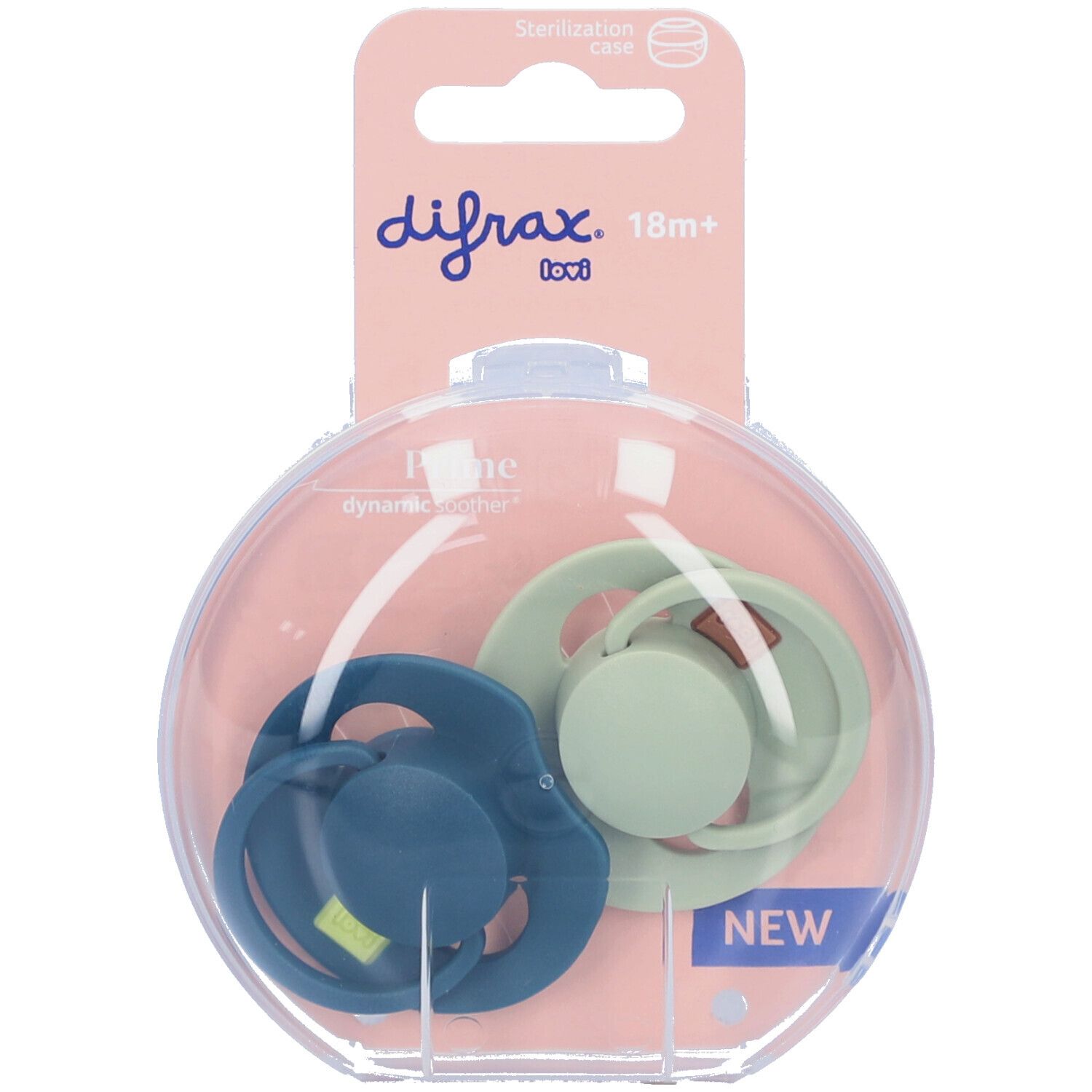 Deux sucettes dans un emballage rond transparent. L'emballage porte les mentions "difrax" et "18m+".