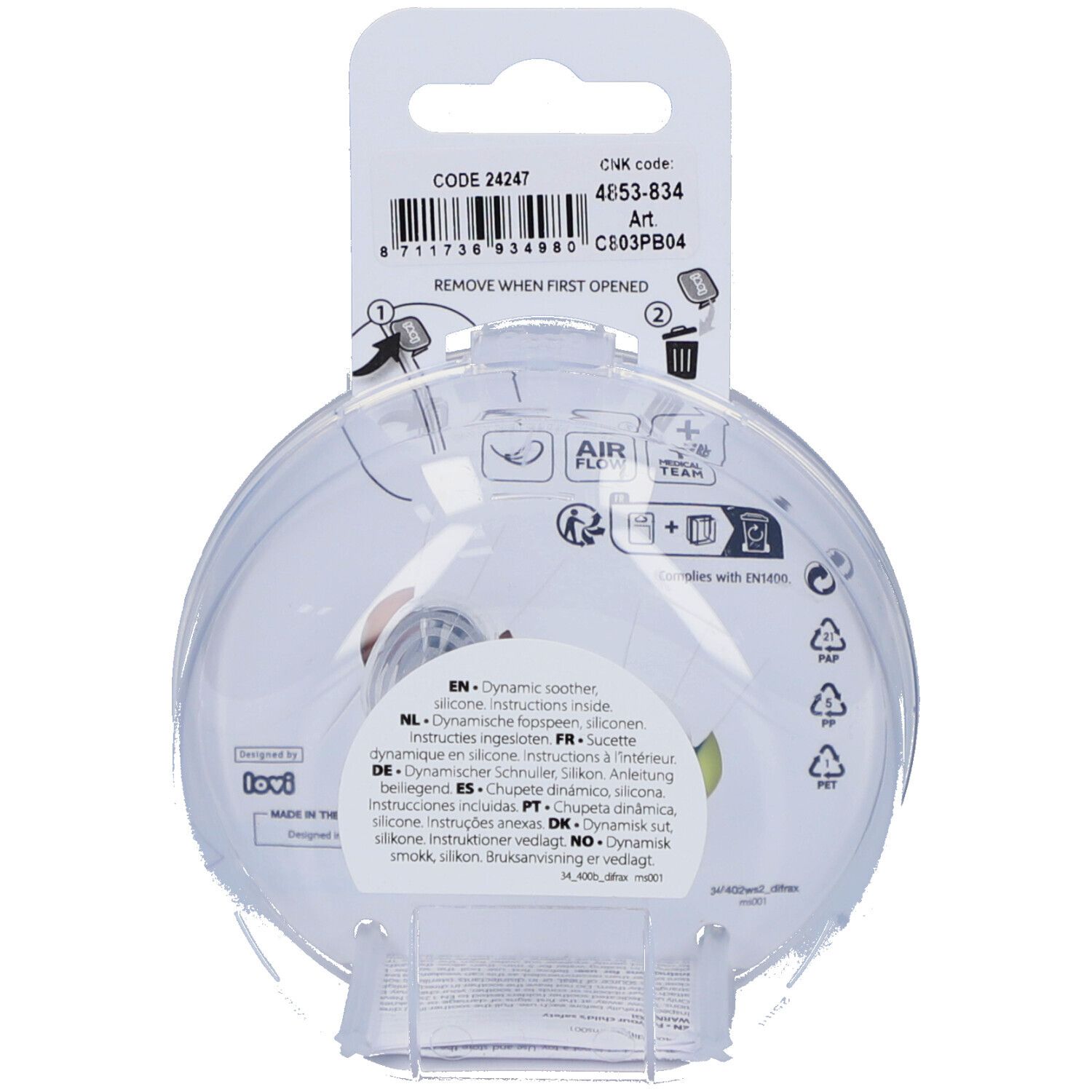 Dos de l'emballage avec informations produit et code-barres. Contient des pictogrammes et du texte multilingue.