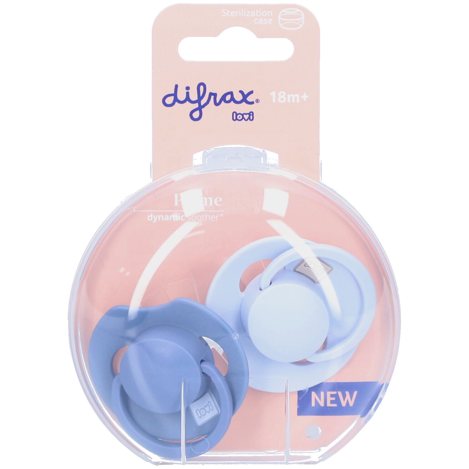 Deux sucettes bleues dans un emballage rond. Le nom "difrax" et "18m+" sont visibles.
