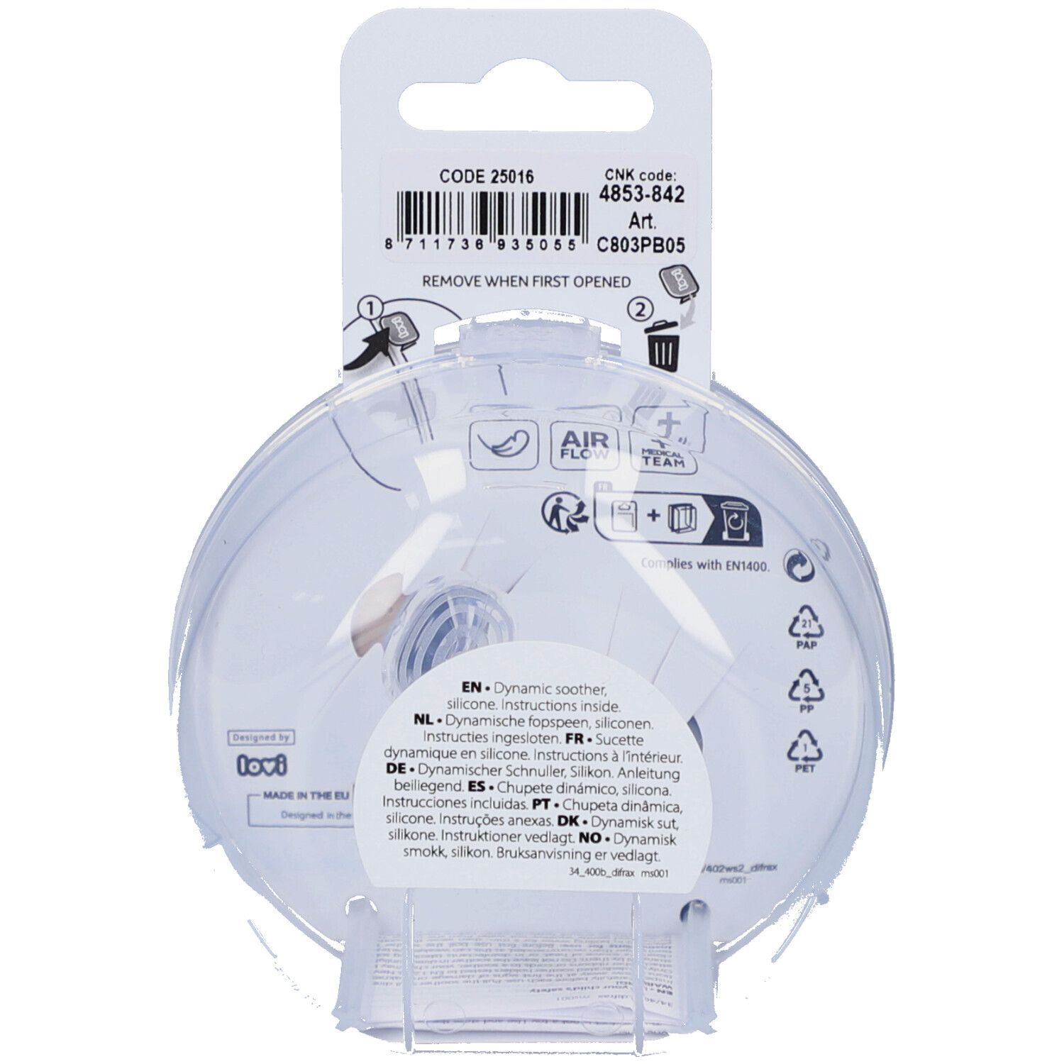 Dos de l'emballage rond avec informations produit et code-barres. Texte multilingue.