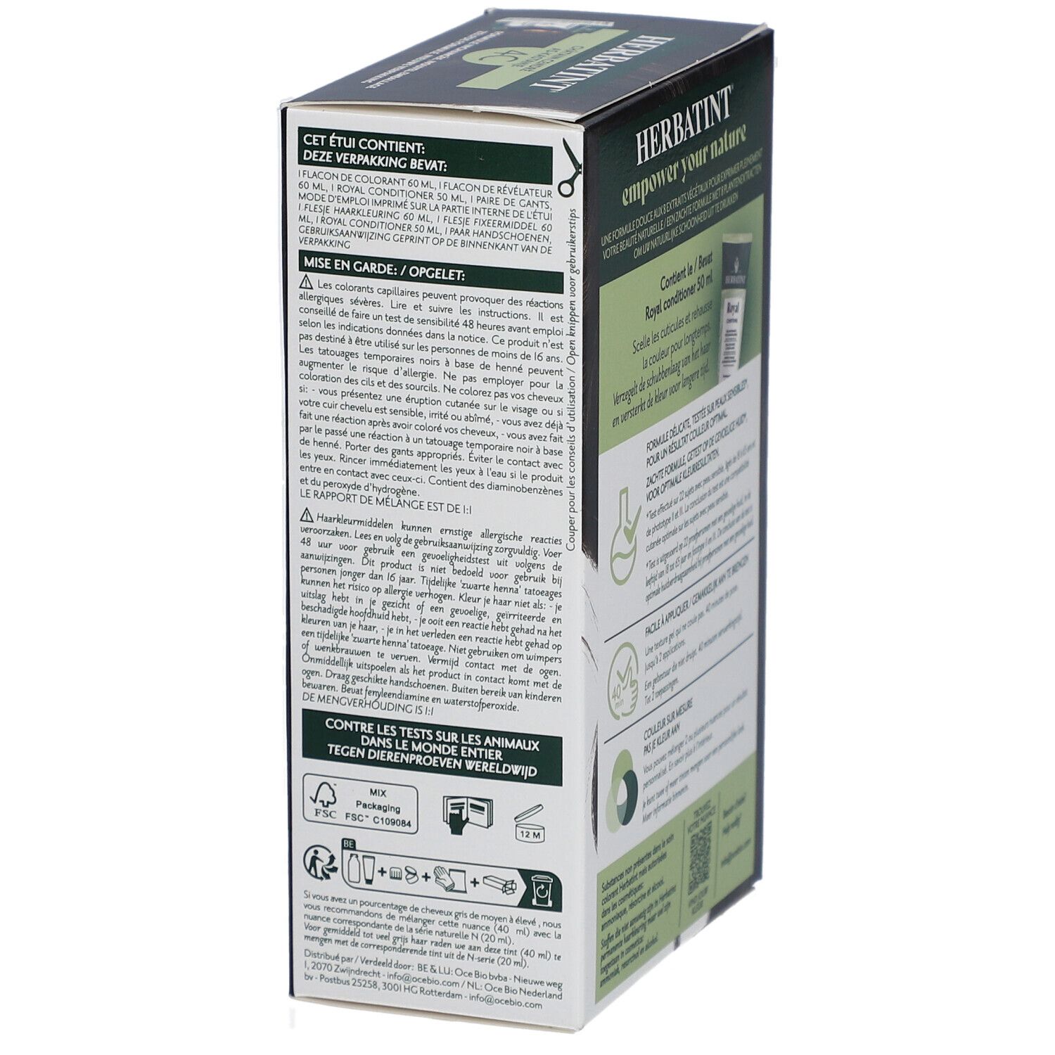 Emballage Herbatint. Contient Royal Conditioner. Informations d'utilisation. Écolabels.