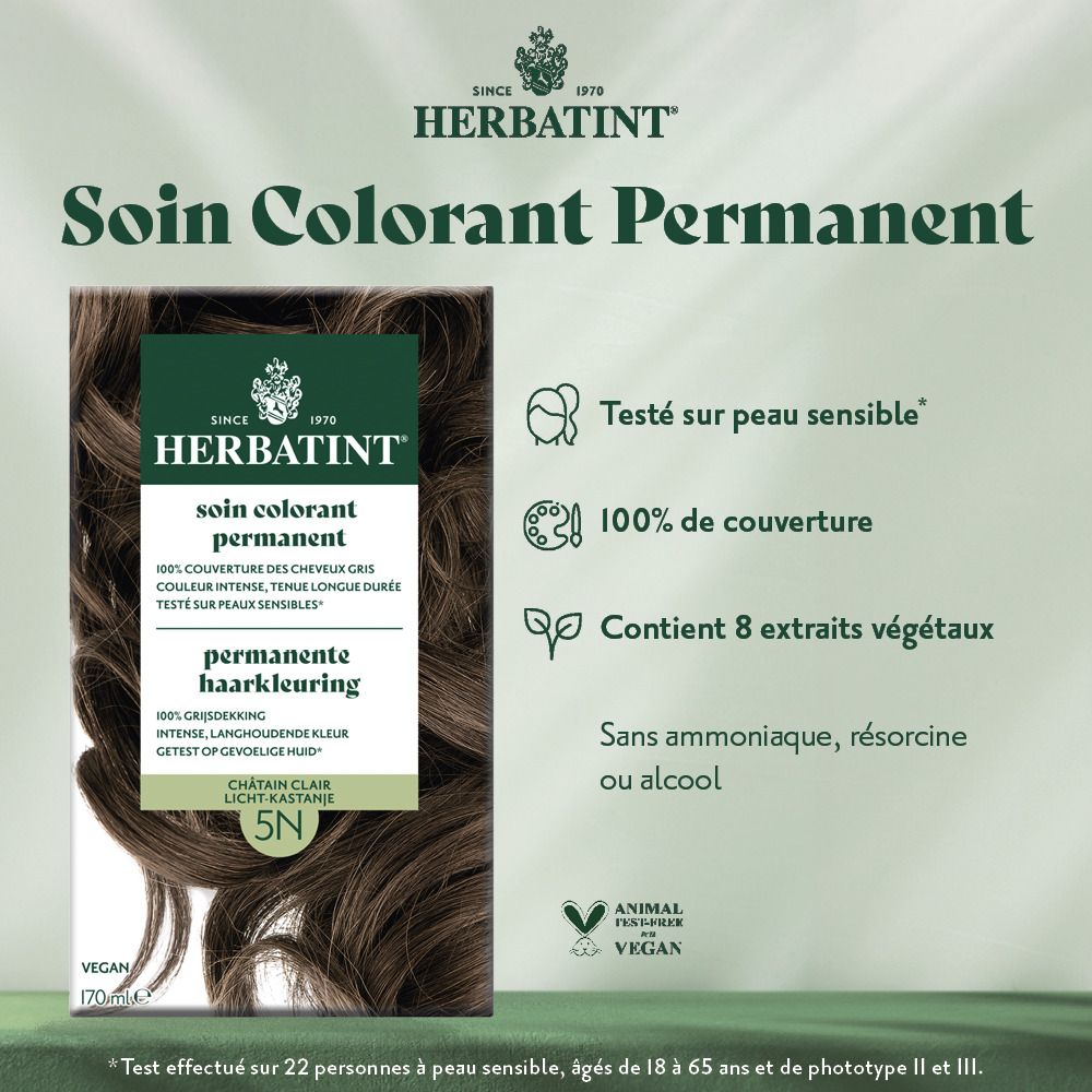 Herbatint Soin Colorant Permanent 5N Châtain Clair. Couvre 100% des cheveux gris. Contient 8 extraits végétaux. Vegan.
