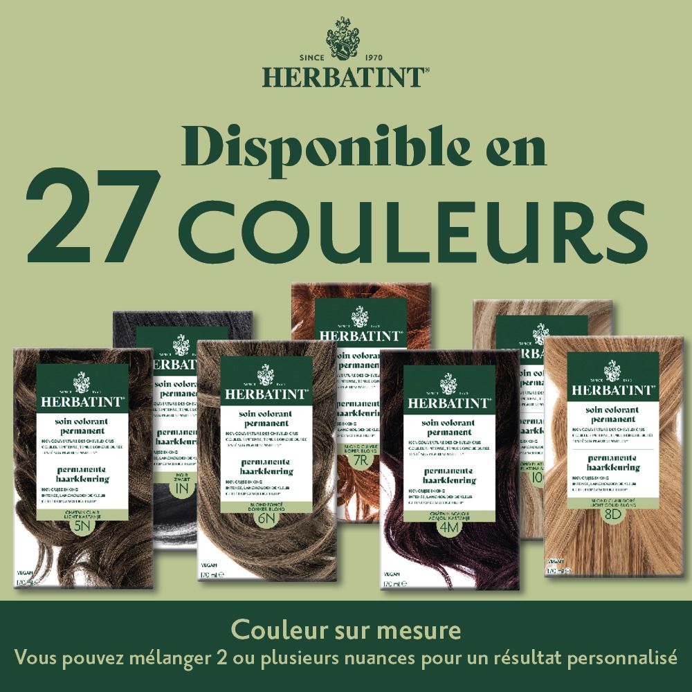 Emballage Herbatint avec informations sur la durabilité. Emballage recyclé. 0% de gaspillage. 100% énergie verte.