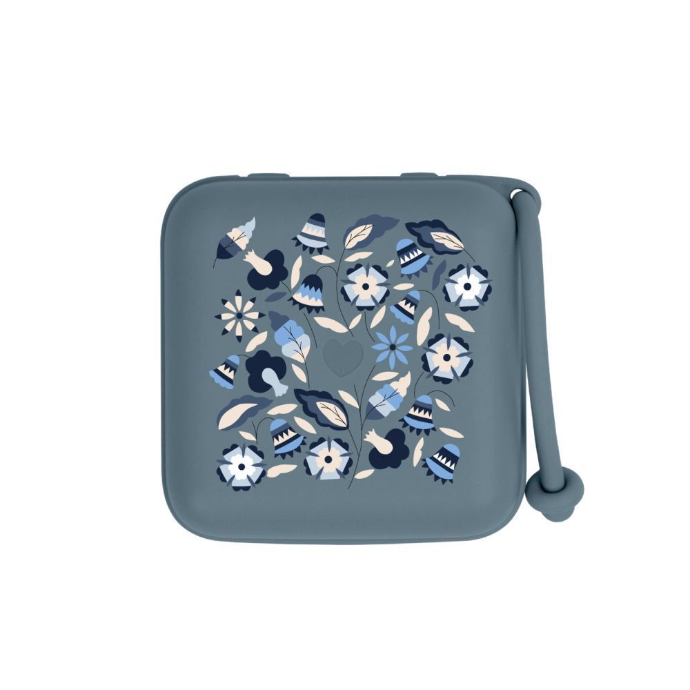 Boîte à sucette bleue avec motif floral. Forme carrée avec boucle. Fabriquée en matériau de qualité alimentaire.