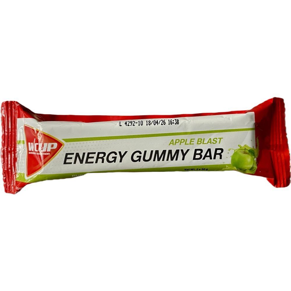 Barre emballée. Texte: WCUP, Energy Gummy Bar, Apple Blast. Emballage rouge et blanc avec un accent vert. Illustration de pomme.