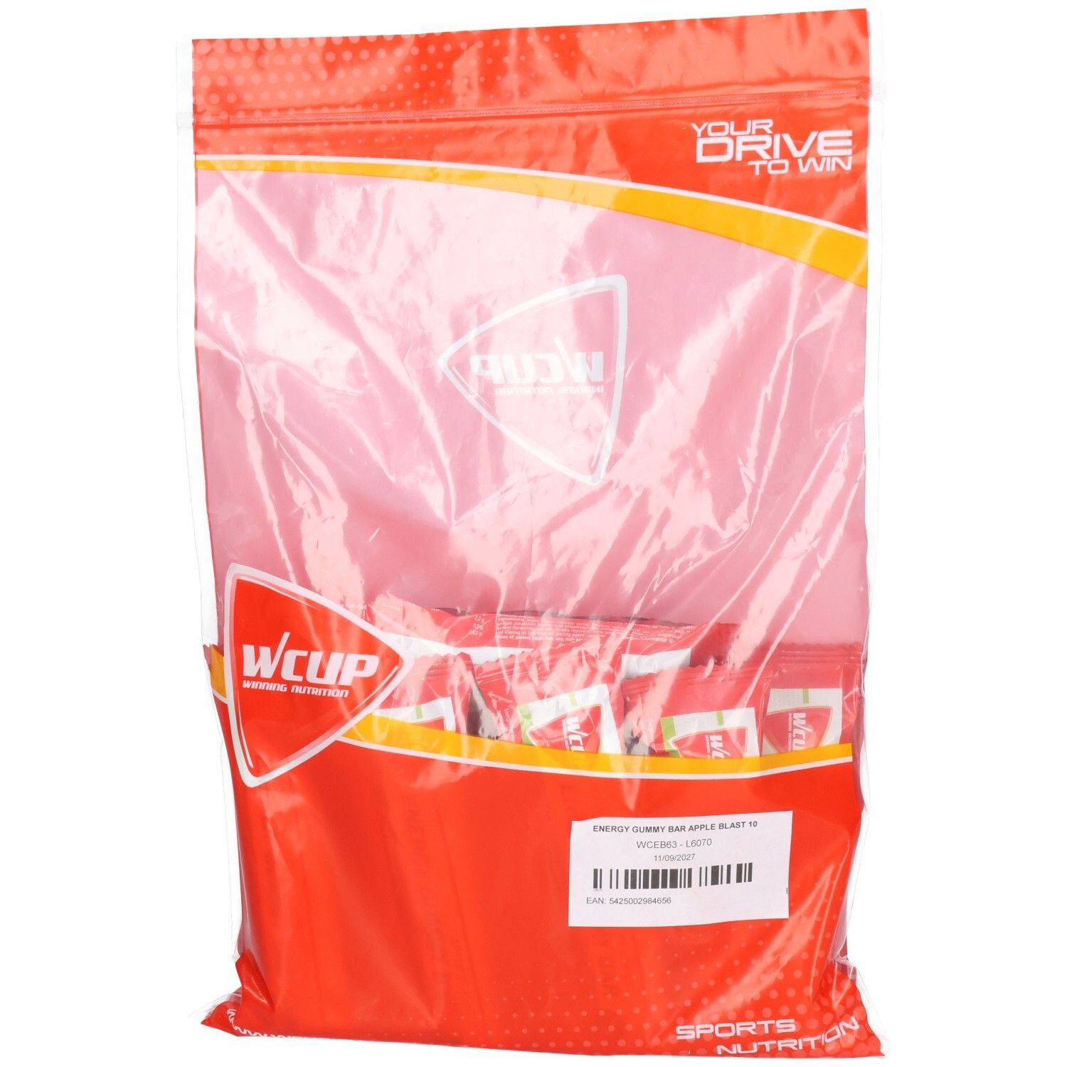 Emballage transparent contenant des emballages individuels rouges. Logo Wcup et texte. Étiquette avec informations produit.