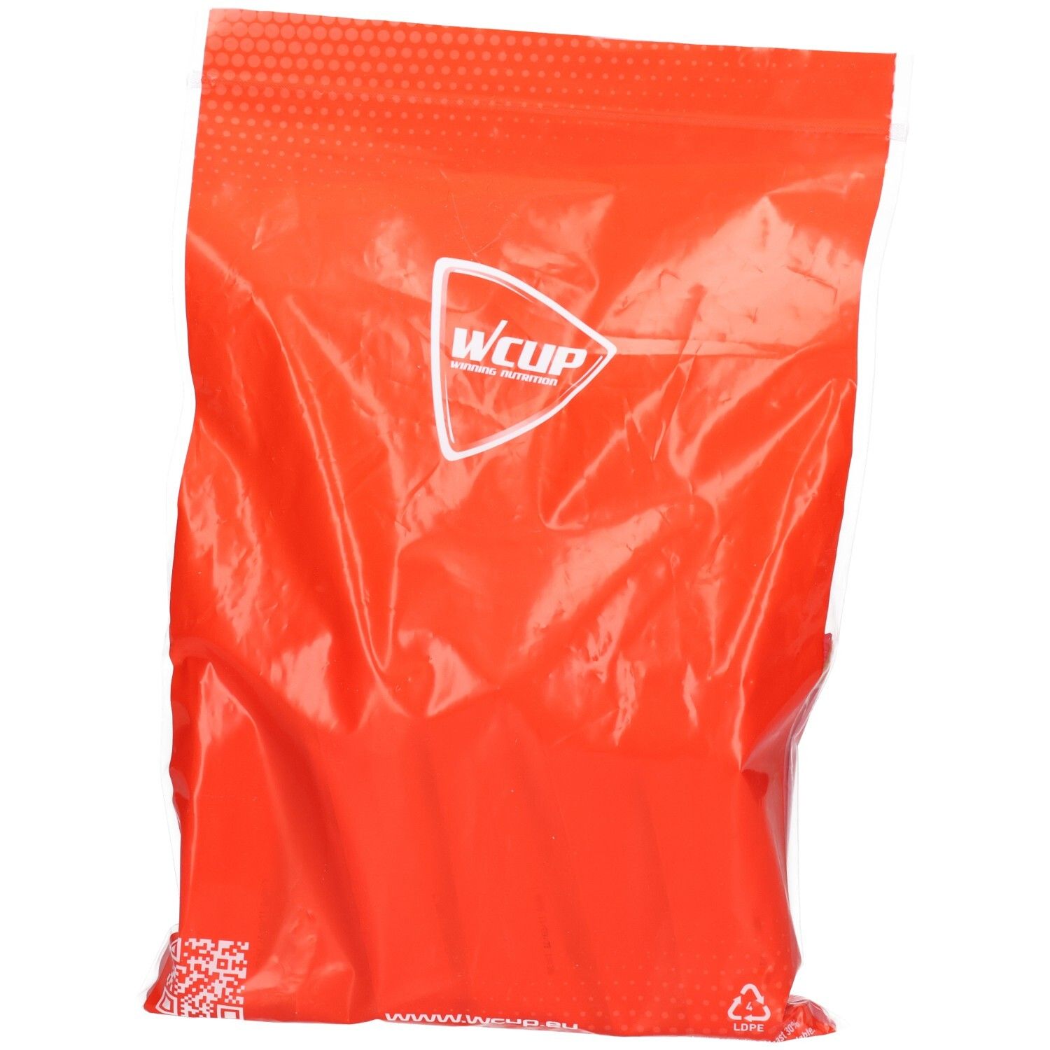 Emballage rouge avec logo Wcup. Emballage plastique avec fermeture éclair.