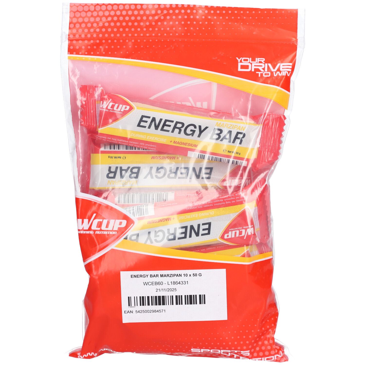 Sachet transparent contenant plusieurs barres énergétiques. Emballage rouge et jaune avec l'inscription "ENERGY BAR" et "WCUP".