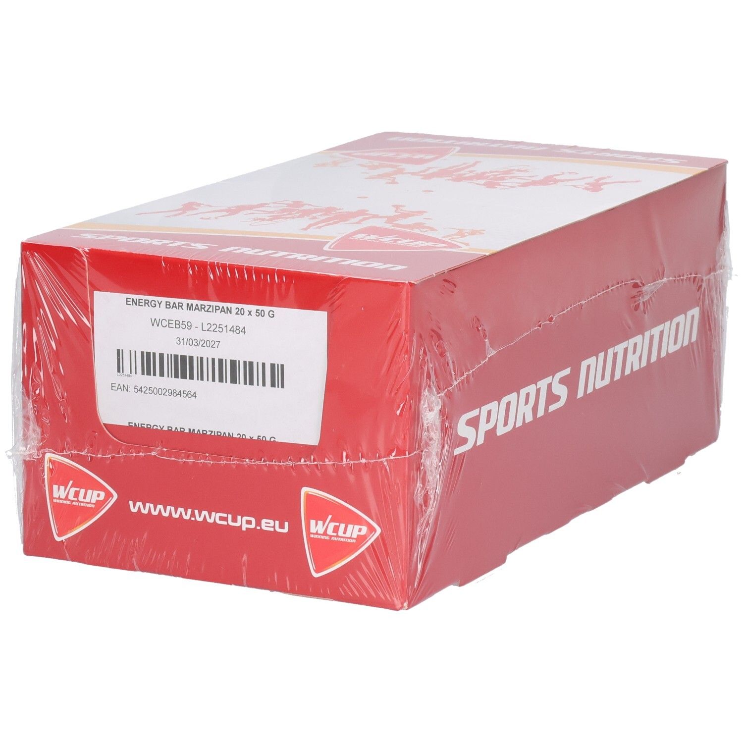Emballage carton rouge, enveloppé de plastique transparent. Inscriptions: ENERGY BAR MARZIPAN 20 x 50 g, logo Wcup et Sports Nutrition.
