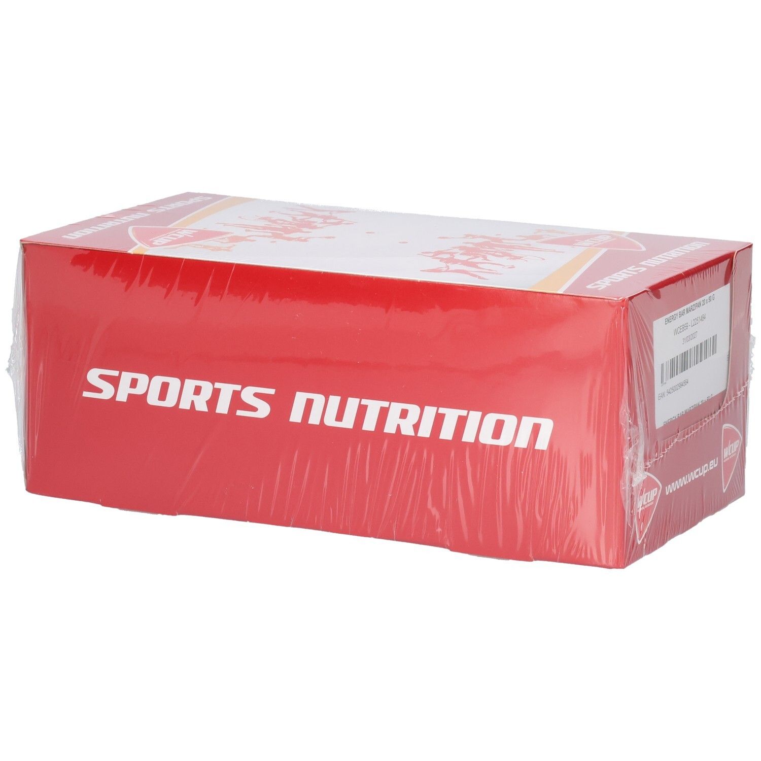 Emballage carton rouge, enveloppé de plastique transparent. Inscription: Sports Nutrition.